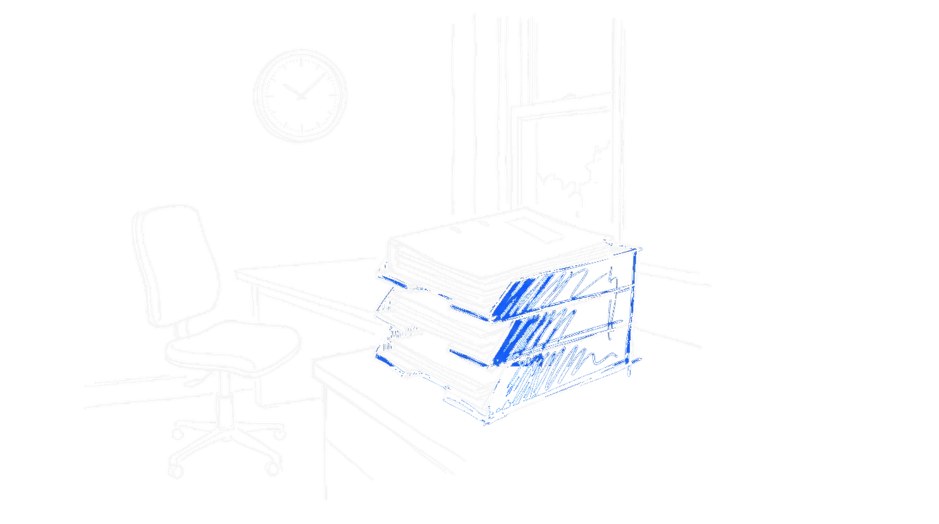 Illustration eines Ablagekorbs mit blauem Dokumentenstapel neben einem leeren Bürostuhl, kinewsletter.ch Stil