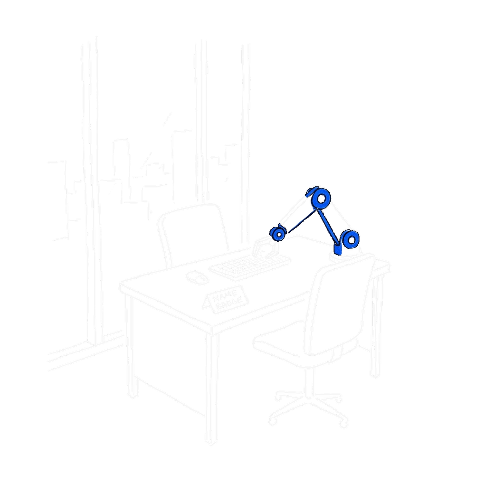 Handgezeichnete Skizze eines leeren Bürotischs mit Roboterarm an der Tastatur und Namensschild, kinewsletter.ch Stil