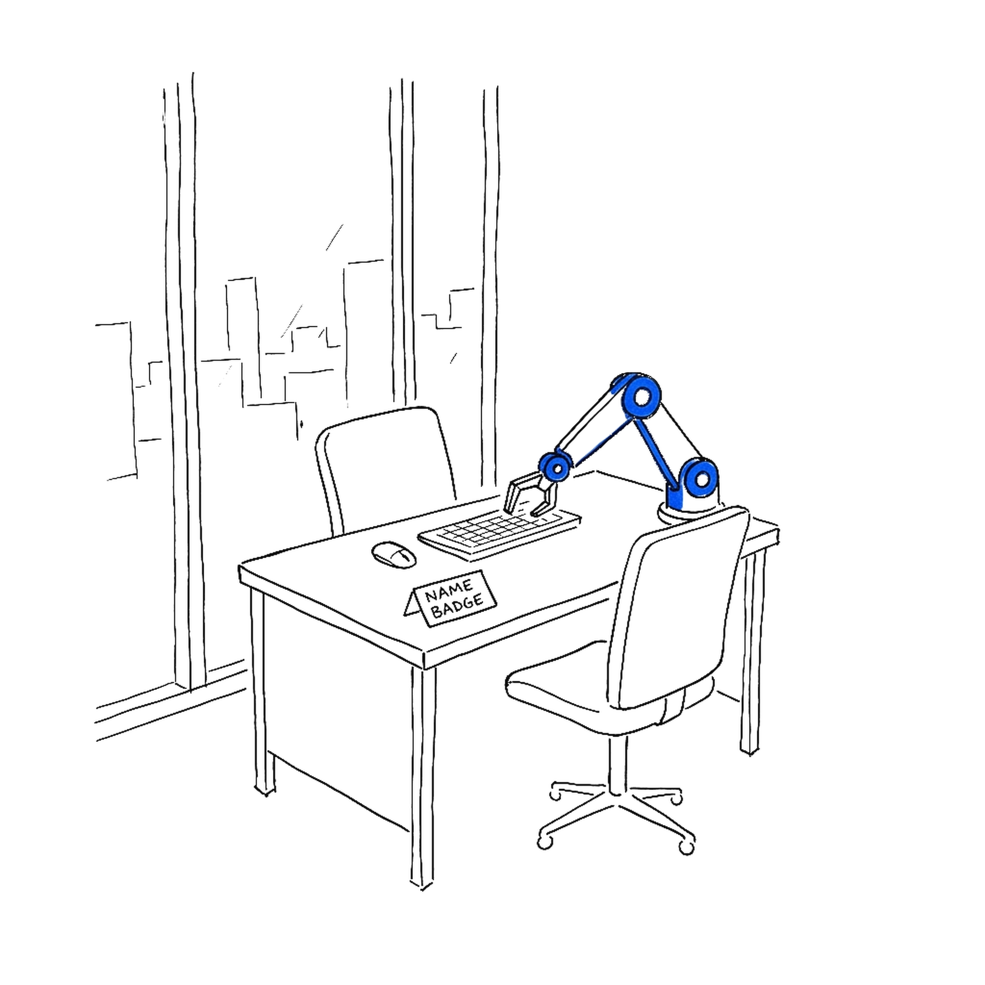 Handgezeichnete Skizze eines leeren Bürotischs mit Roboterarm an der Tastatur und Namensschild, kinewsletter.ch Stil