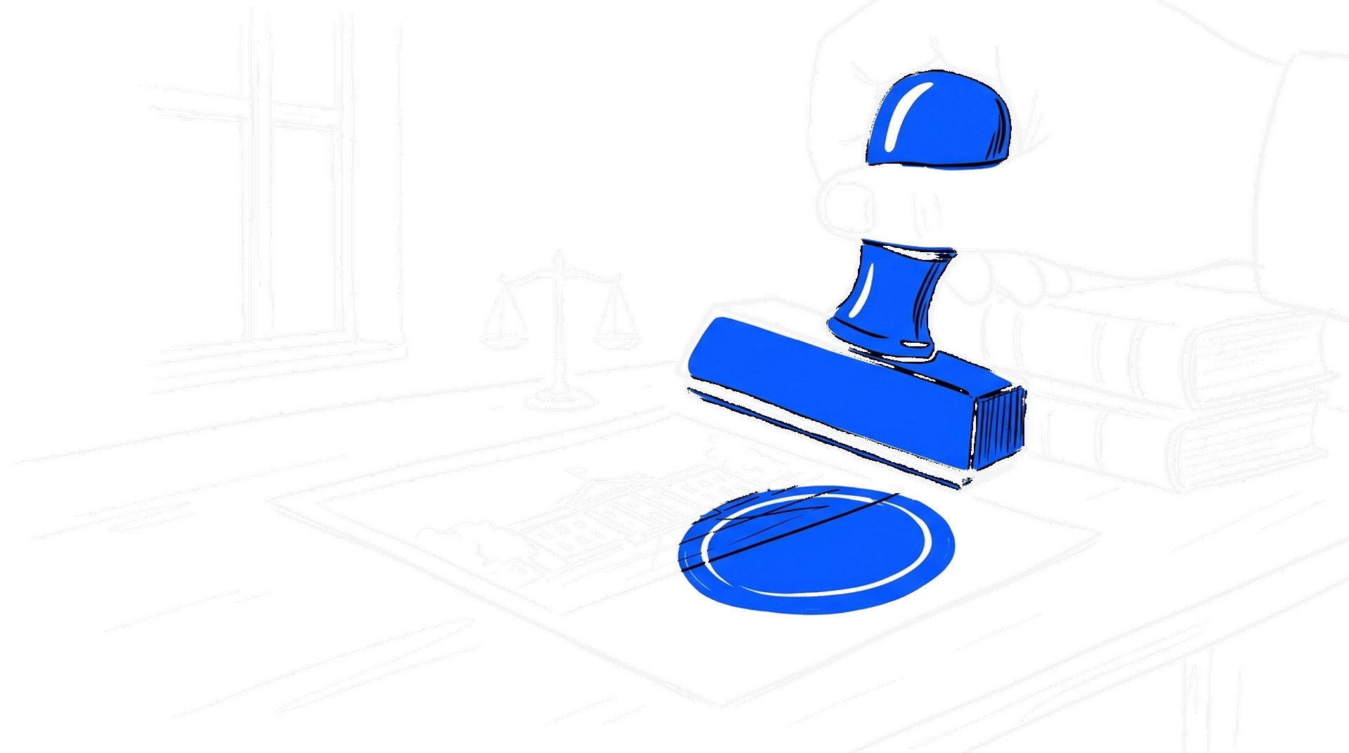 Illustration einer Hand, die mit einem elektroblauen Stempel ein Siegel auf ein Bild drückt, daneben Waage und Gesetzbücher, kinewsletter.ch Stil