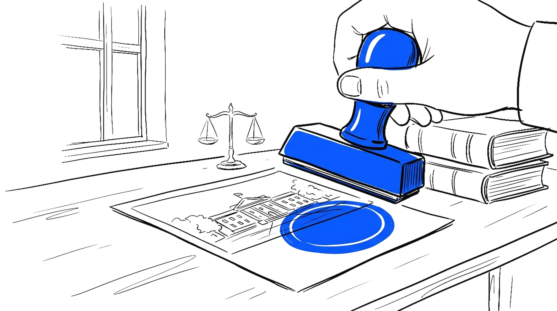Illustration einer Hand, die mit einem elektroblauen Stempel ein Siegel auf ein Bild drückt, daneben Waage und Gesetzbücher, kinewsletter.ch Stil