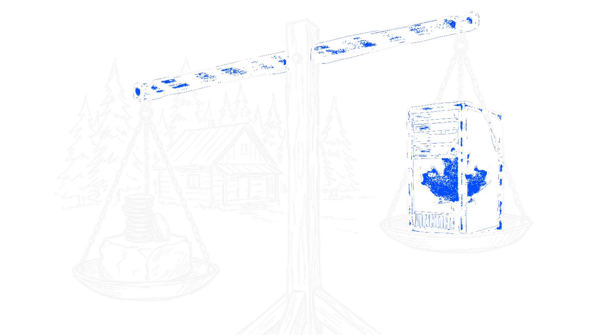 Handgezeichnete Tusche-Skizze einer Waage: auf der einen Seite ein Stapel Münzen, auf der anderen ein Server-Rack mit einem blauen Ahornblatt