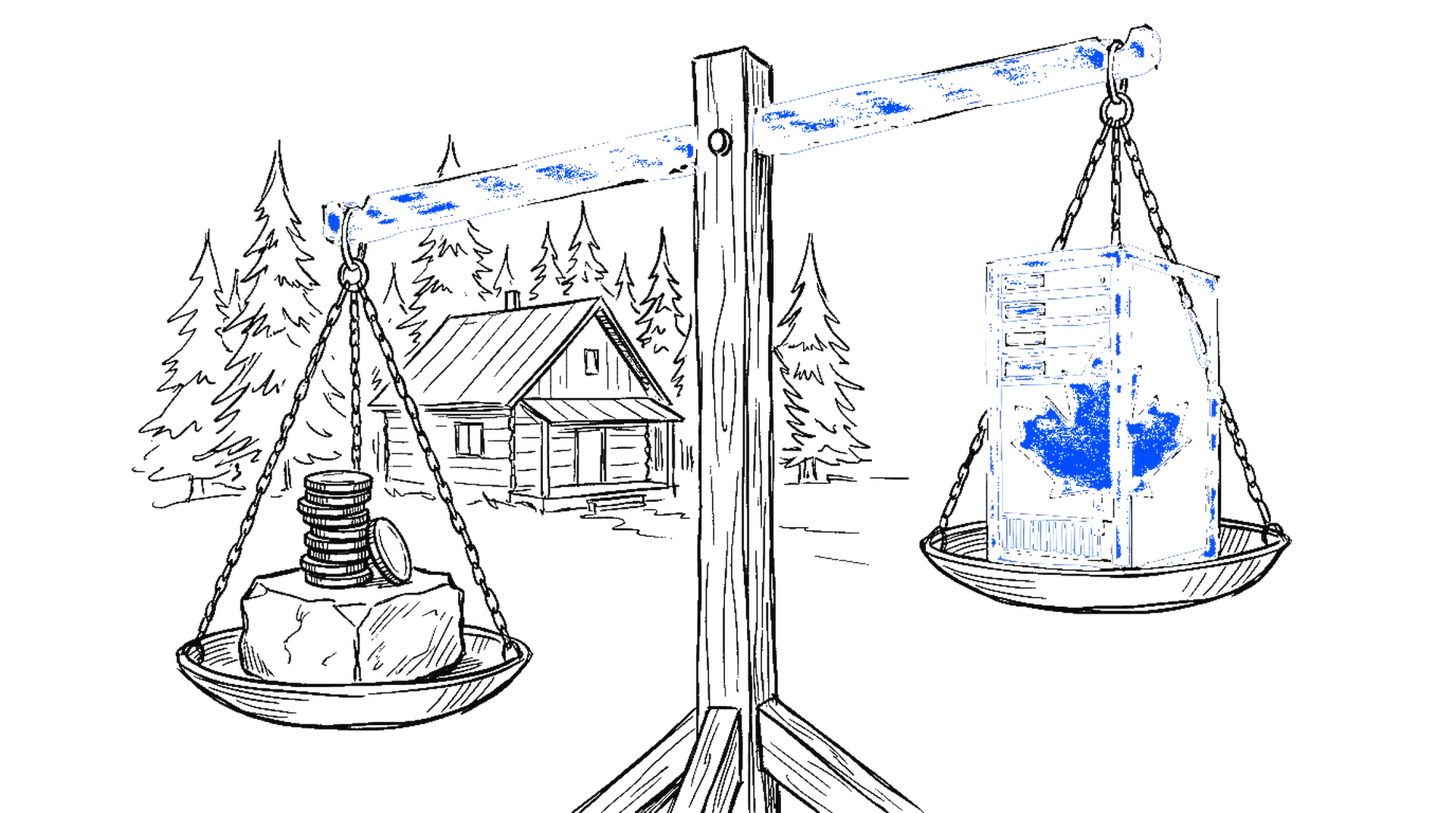 Handgezeichnete Tusche-Skizze einer Waage: auf der einen Seite ein Stapel Münzen, auf der anderen ein Server-Rack mit einem blauen Ahornblatt