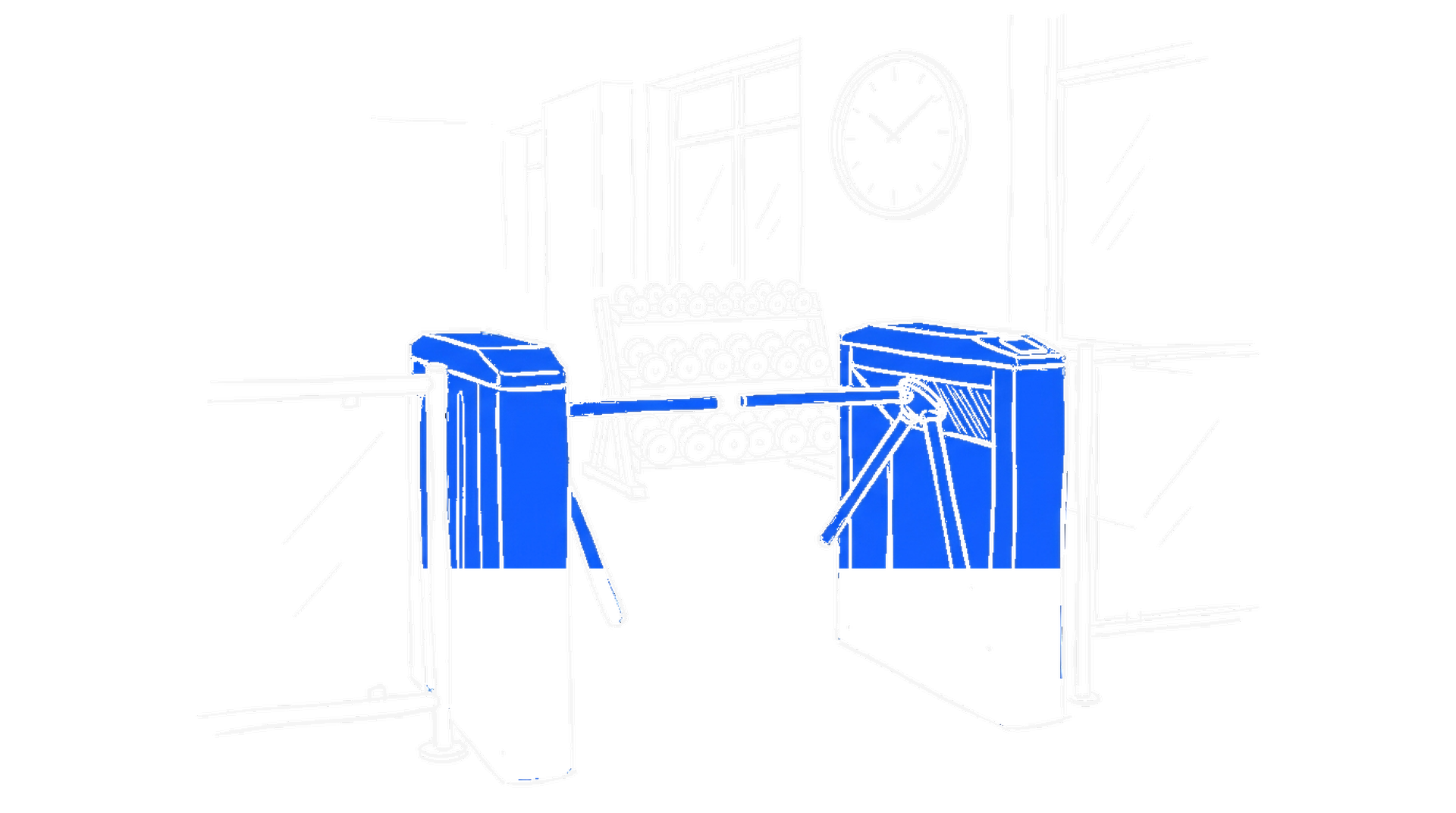 Illustration eines offenen Drehkreuzes in einem Fitnessstudio, kinewsletter.ch Stil