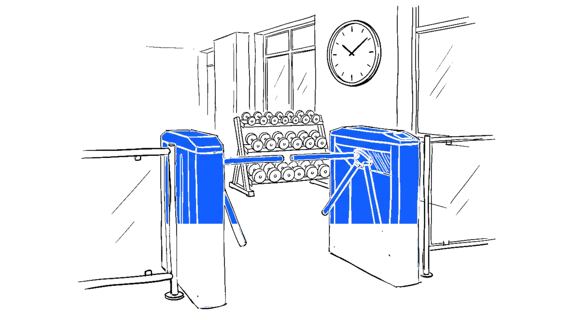 Illustration eines offenen Drehkreuzes in einem Fitnessstudio, kinewsletter.ch Stil