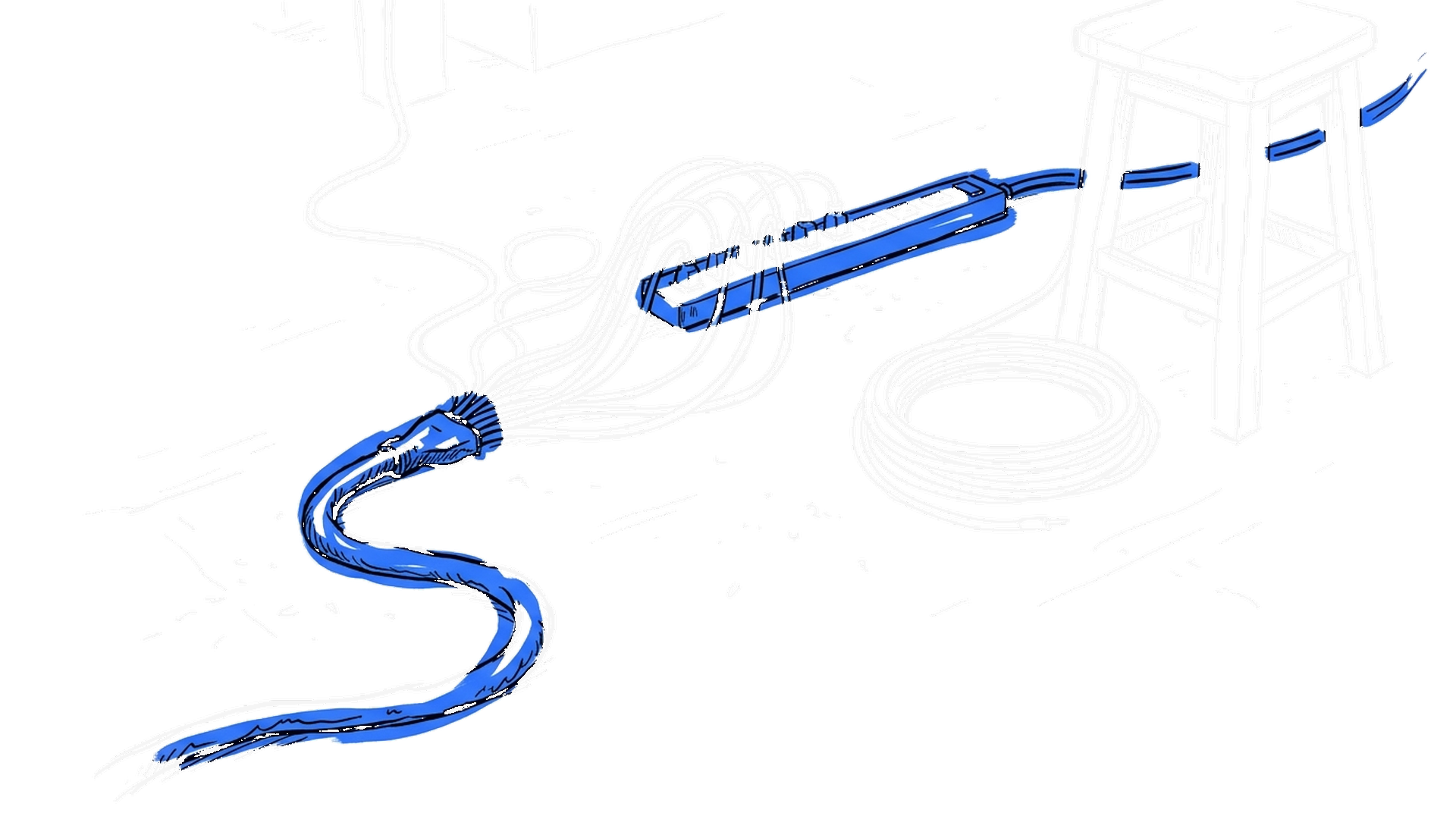 Illustration eines dicken elektroblauen Stromkabels, das sich in ein Dutzend dünner Kabel an einer Steckdosenleiste auffächert, kinewsletter.ch Stil