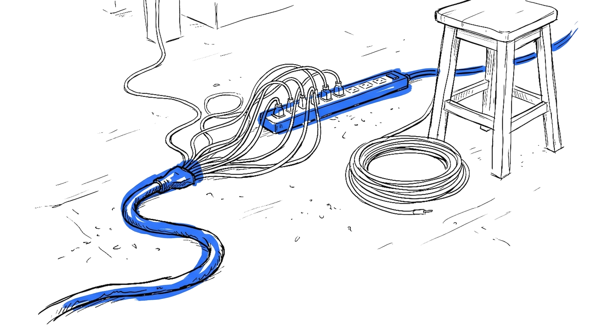 Illustration eines dicken elektroblauen Stromkabels, das sich in ein Dutzend dünner Kabel an einer Steckdosenleiste auffächert, kinewsletter.ch Stil