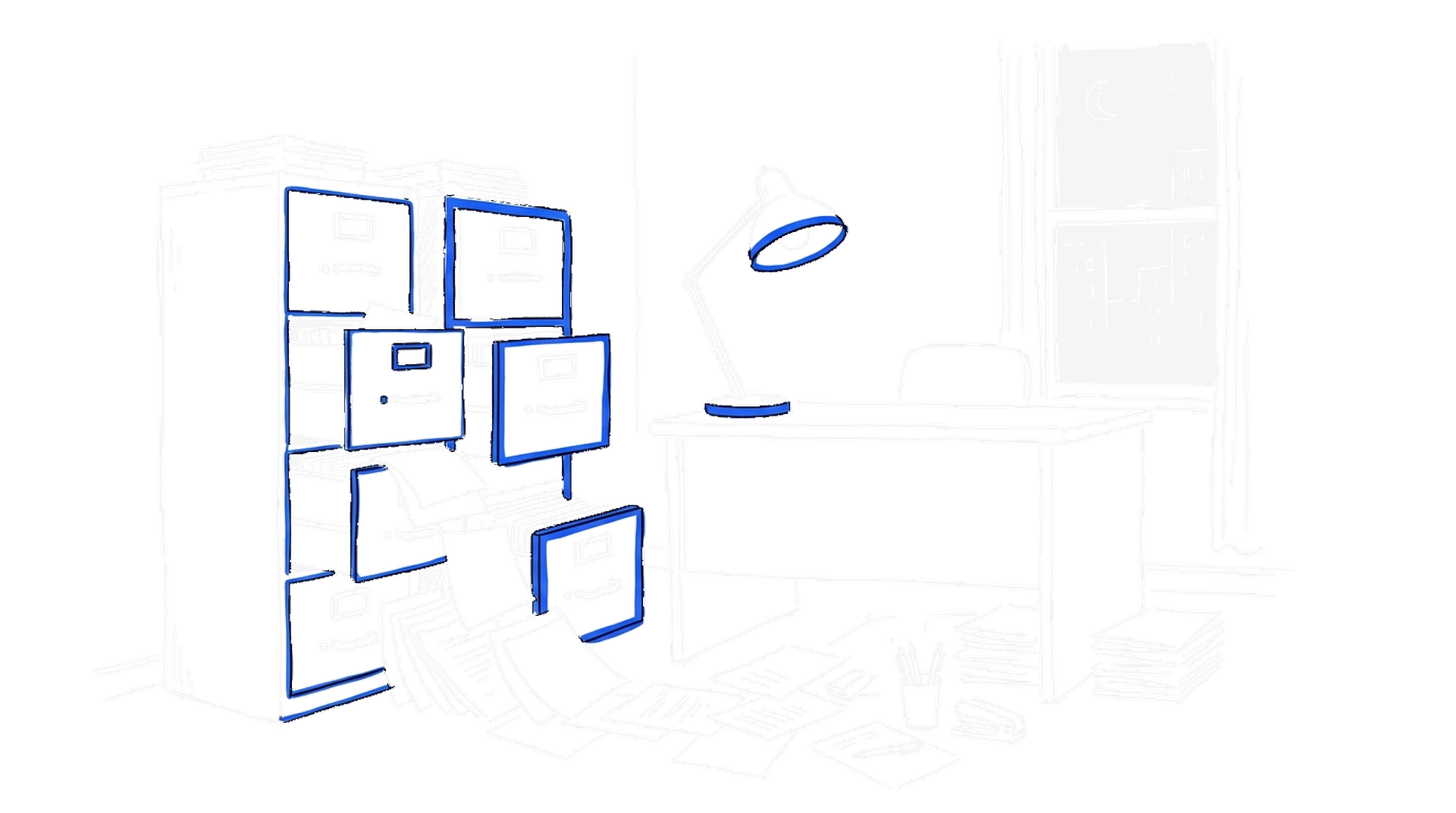 Illustration von aufgerissenen Aktenschränken mit herausquellenden Papieren in einem nächtlichen Büro, kinewsletter.ch Stil