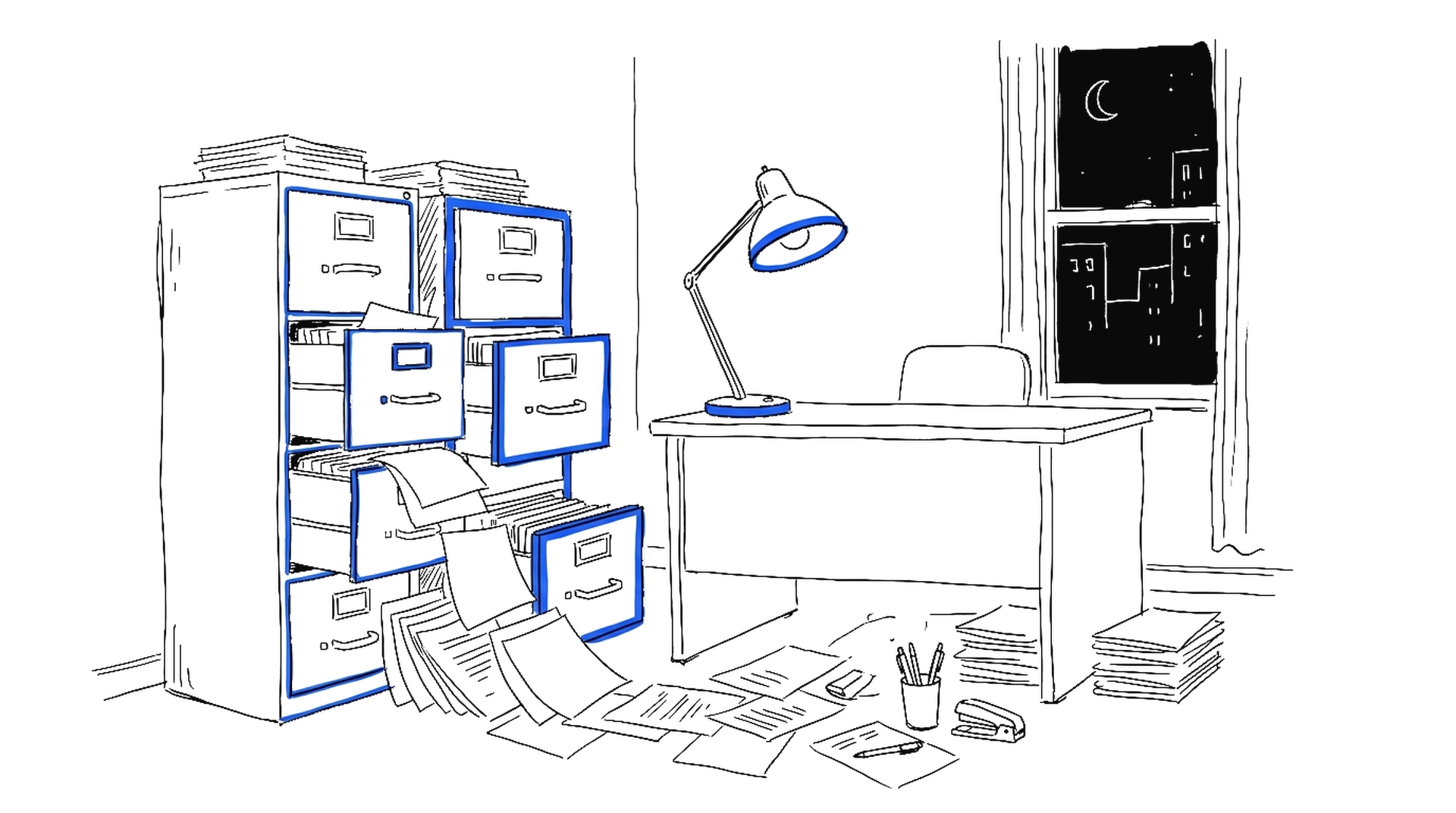 Illustration von aufgerissenen Aktenschränken mit herausquellenden Papieren in einem nächtlichen Büro, kinewsletter.ch Stil