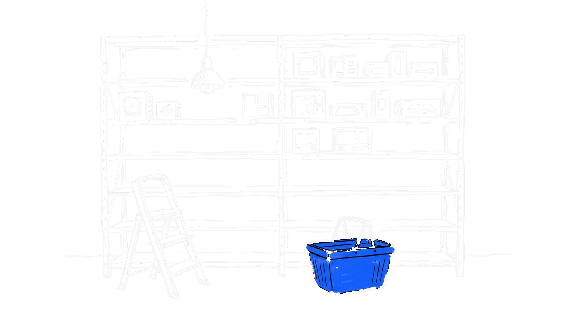 Illustration eines halb leeren Elektronikregals mit wenigen Geräteschachteln, Trittleiter und Einkaufskorb, kinewsletter.ch Stil