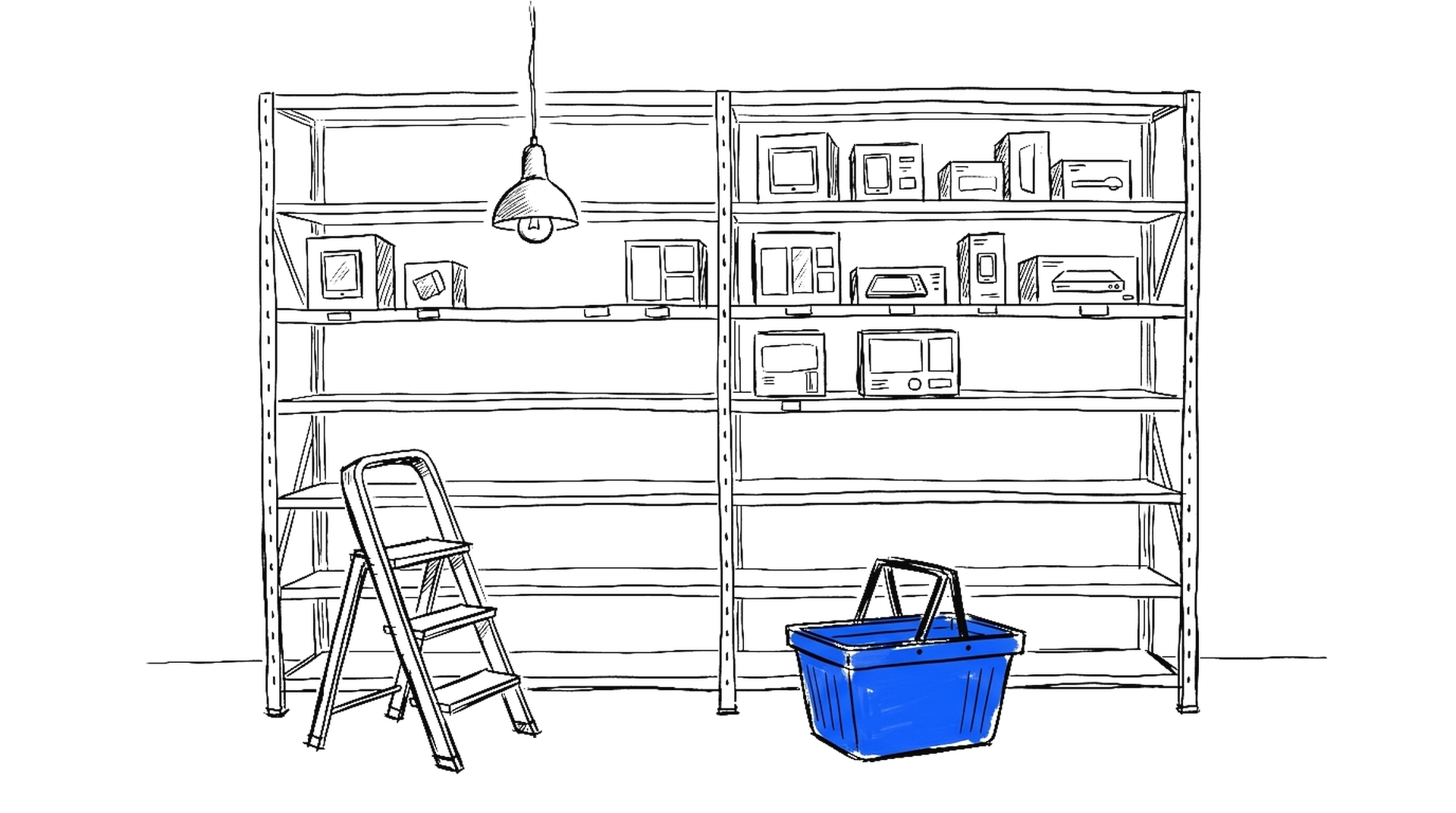 Illustration eines halb leeren Elektronikregals mit wenigen Geräteschachteln, Trittleiter und Einkaufskorb, kinewsletter.ch Stil