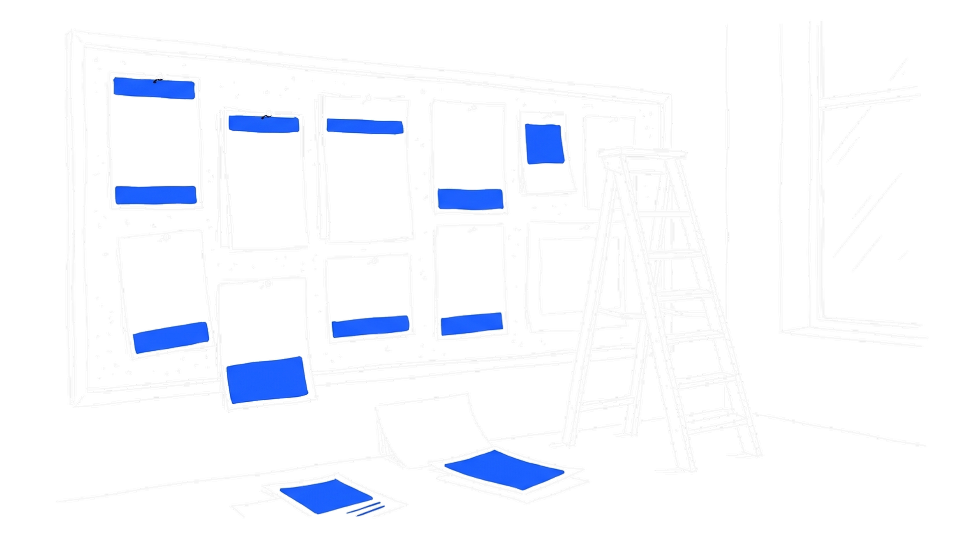 Illustration einer grossen Pinnwand voller leerer Zettel, von denen einige zu Boden gefallen sind, kinewsletter.ch Stil