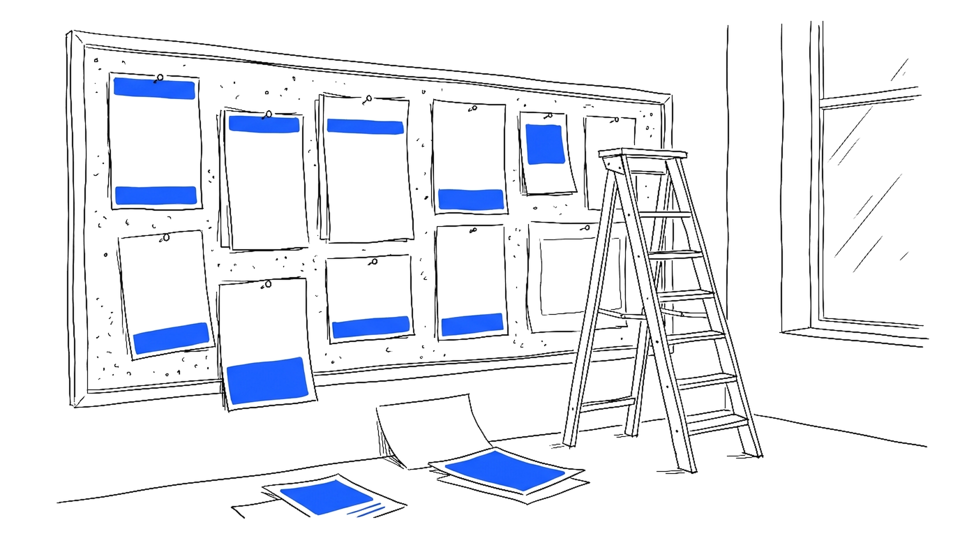 Illustration einer grossen Pinnwand voller leerer Zettel, von denen einige zu Boden gefallen sind, kinewsletter.ch Stil