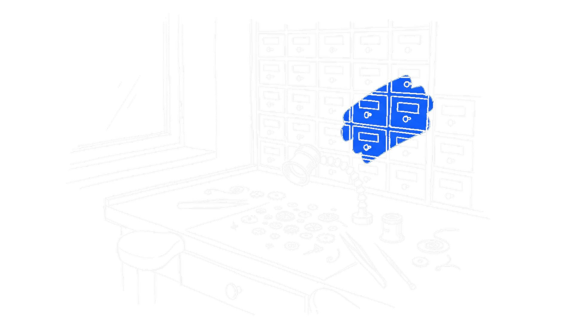 Illustration einer Uhrmacher-Werkbank mit Lupe am Schwenkarm, verstreuten Zahnrädern, Pinzette und einem Schubladenschrank mit blau markierten Fächern, kinewsletter.ch Stil