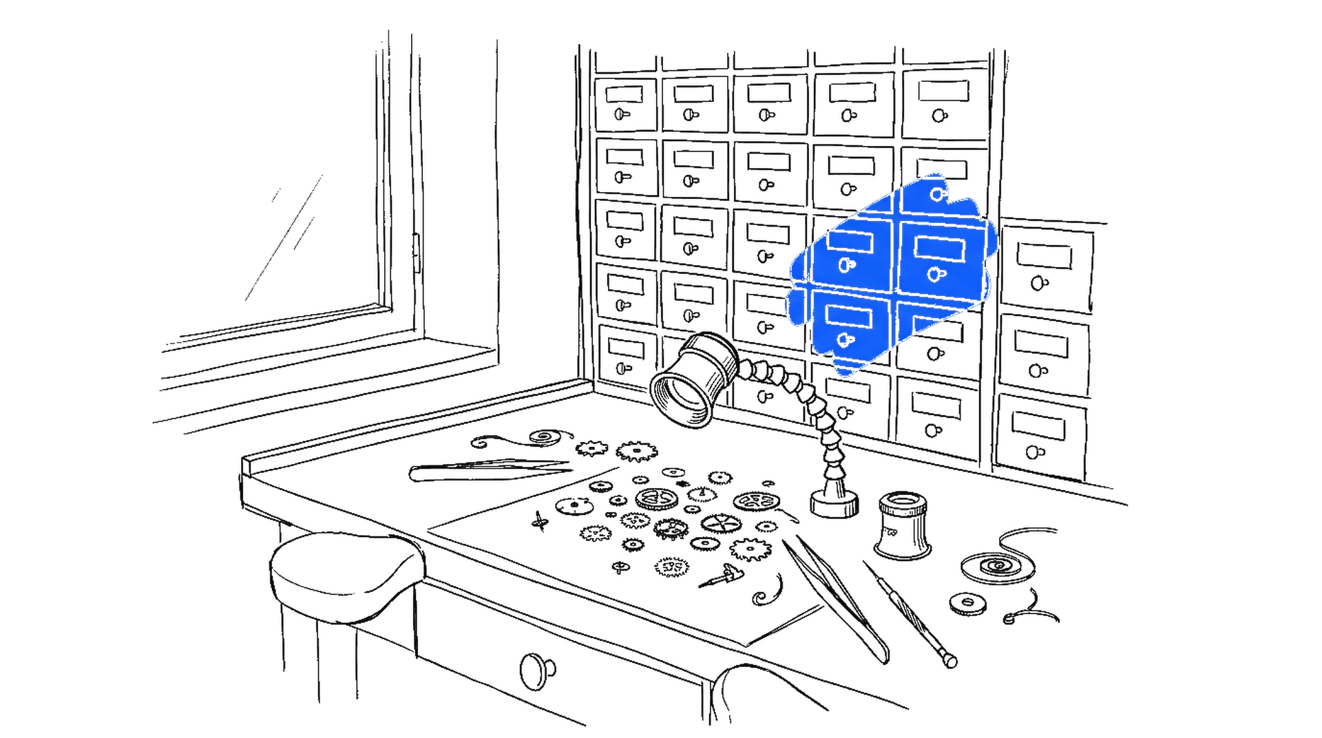 Illustration einer Uhrmacher-Werkbank mit Lupe am Schwenkarm, verstreuten Zahnrädern, Pinzette und einem Schubladenschrank mit blau markierten Fächern, kinewsletter.ch Stil