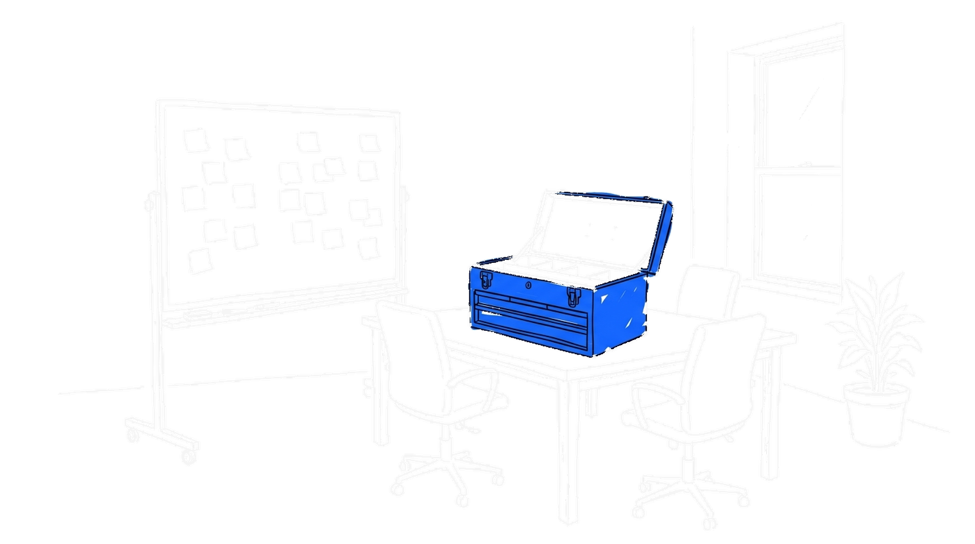 Illustration eines Sitzungszimmers mit Whiteboard voller Notizzettel und blauem Werkzeugkasten auf dem Tisch, kinewsletter.ch Stil
