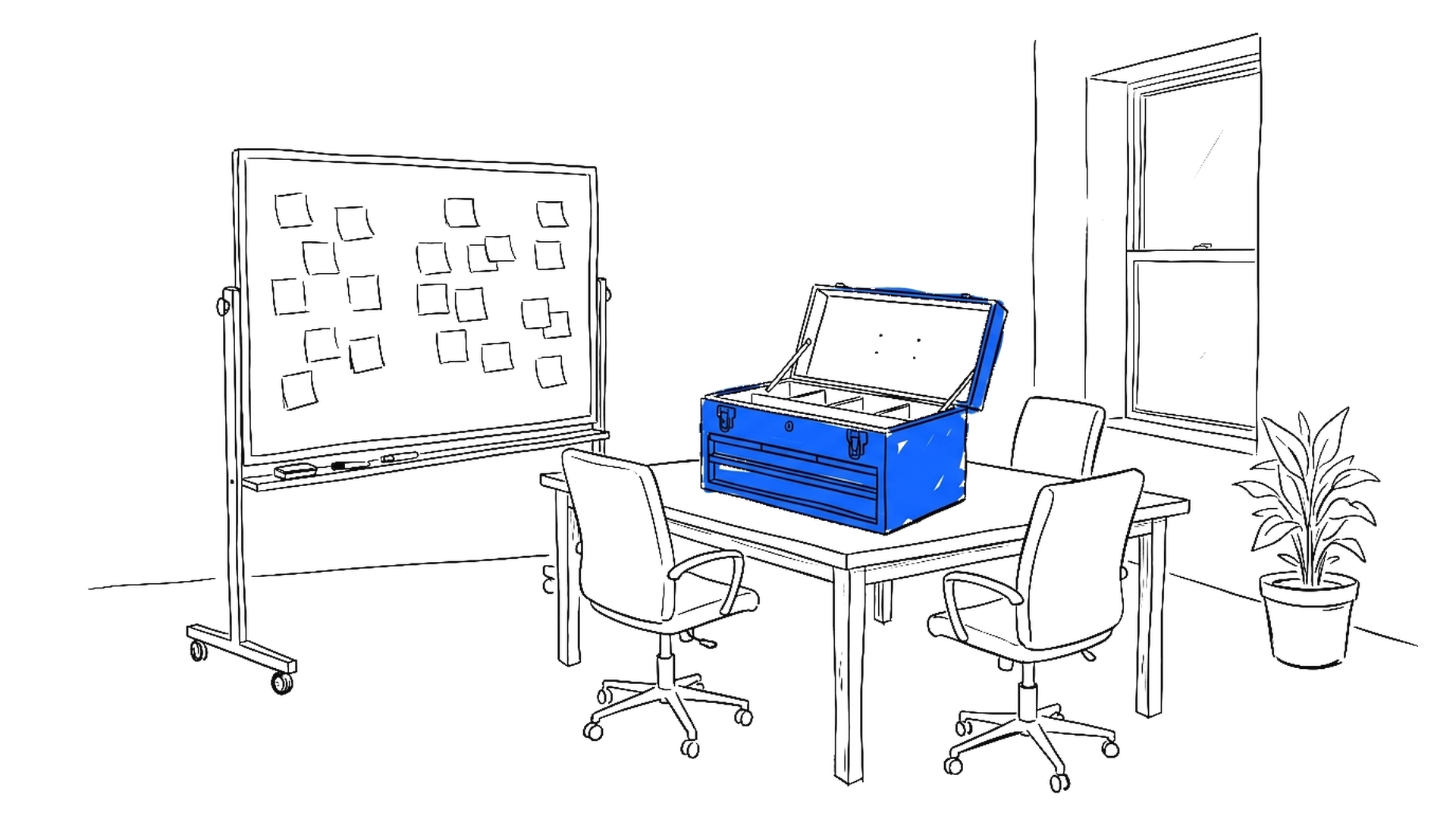Illustration eines Sitzungszimmers mit Whiteboard voller Notizzettel und blauem Werkzeugkasten auf dem Tisch, kinewsletter.ch Stil