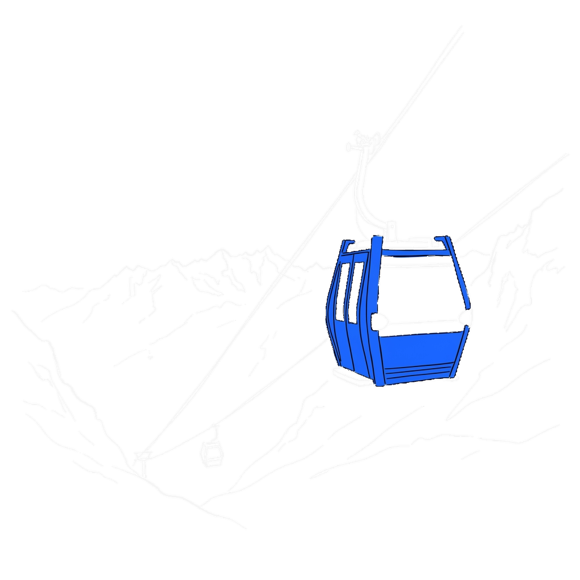 Illustration zweier Seilbahnkabinen auf sehr unterschiedlicher Höhe am selben Seil über einem Alpental, kinewsletter.ch Stil