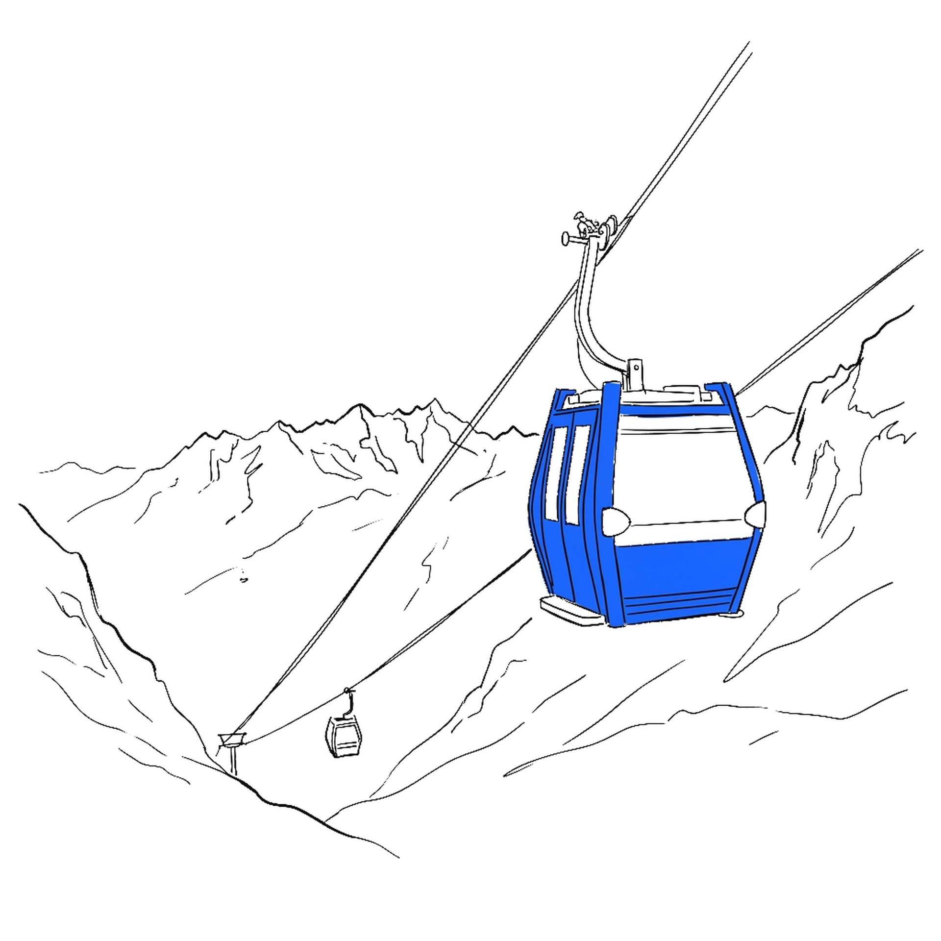 Illustration zweier Seilbahnkabinen auf sehr unterschiedlicher Höhe am selben Seil über einem Alpental, kinewsletter.ch Stil