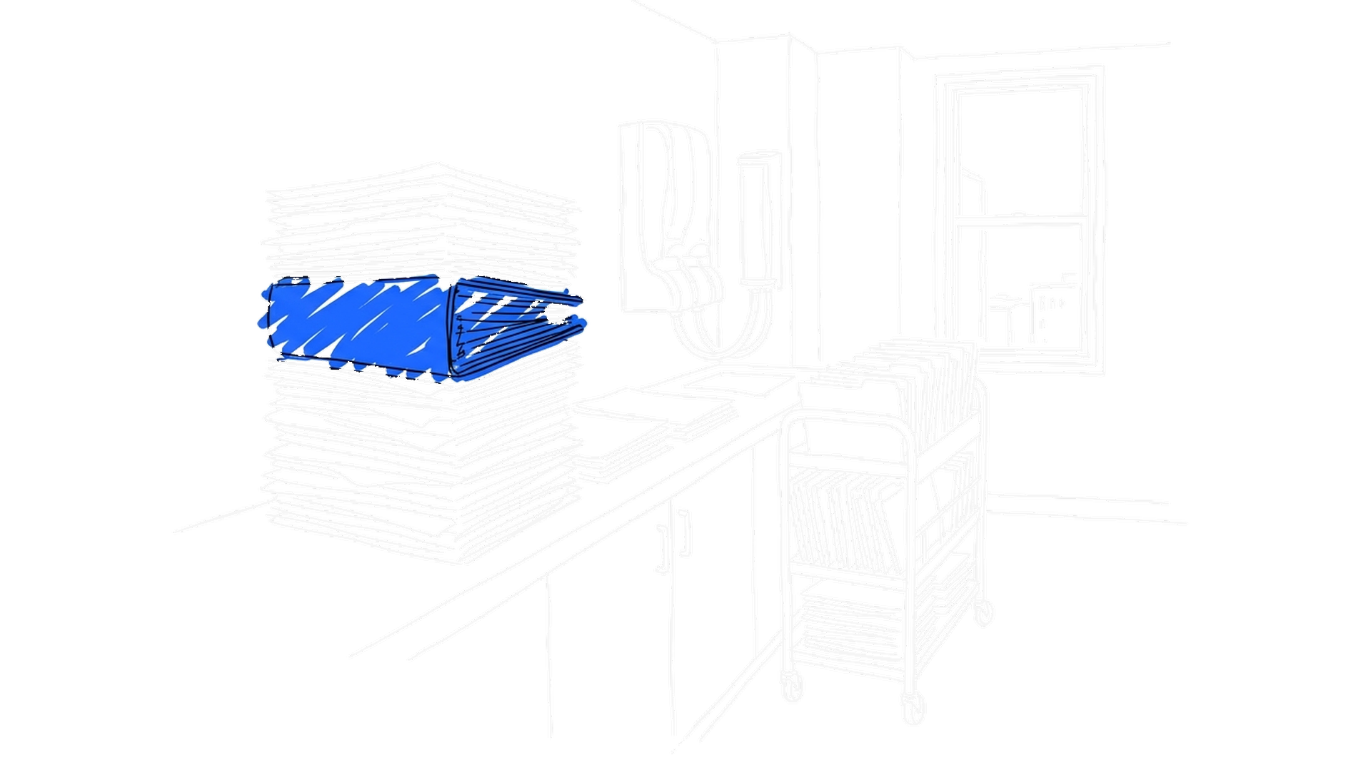 Illustration eines Spital-Abrechnungsbüros mit hohem Stapel Patientendossiers, Rohrpoststation und Aktenwagen, kinewsletter.ch Stil