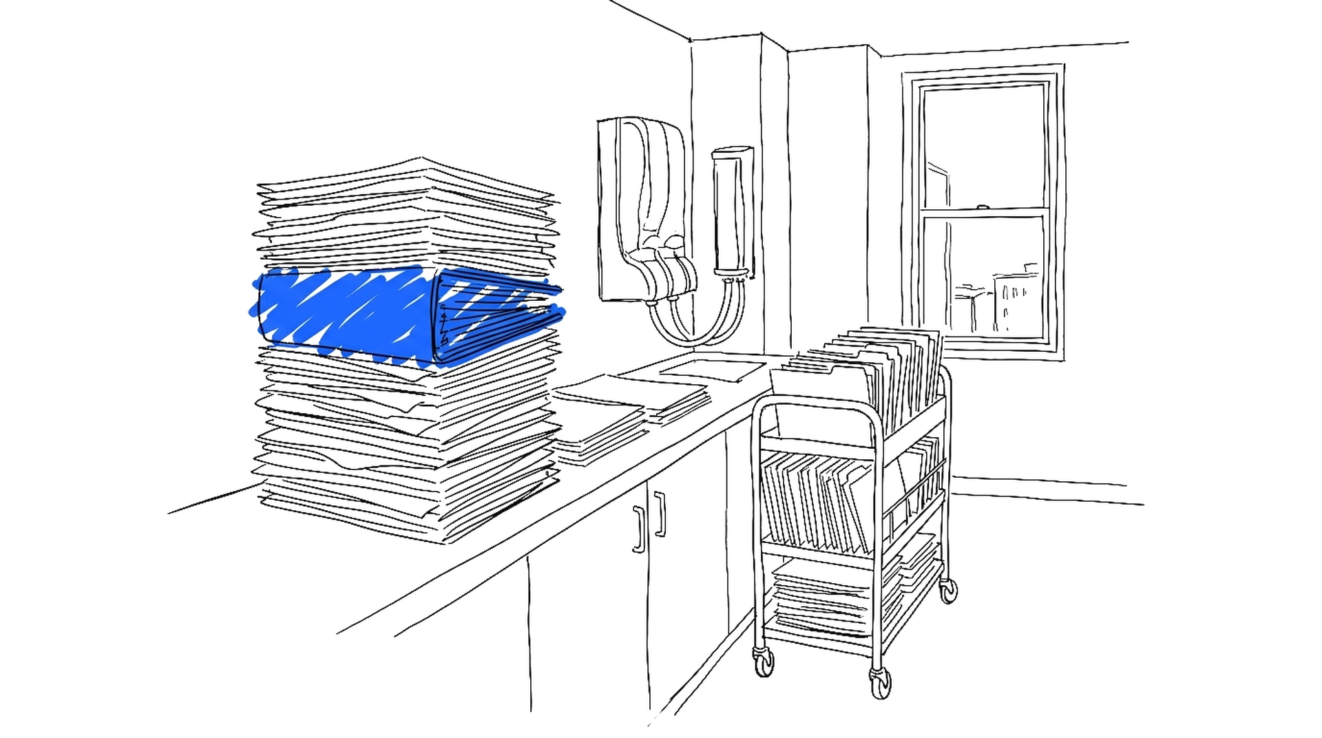Illustration eines Spital-Abrechnungsbüros mit hohem Stapel Patientendossiers, Rohrpoststation und Aktenwagen, kinewsletter.ch Stil