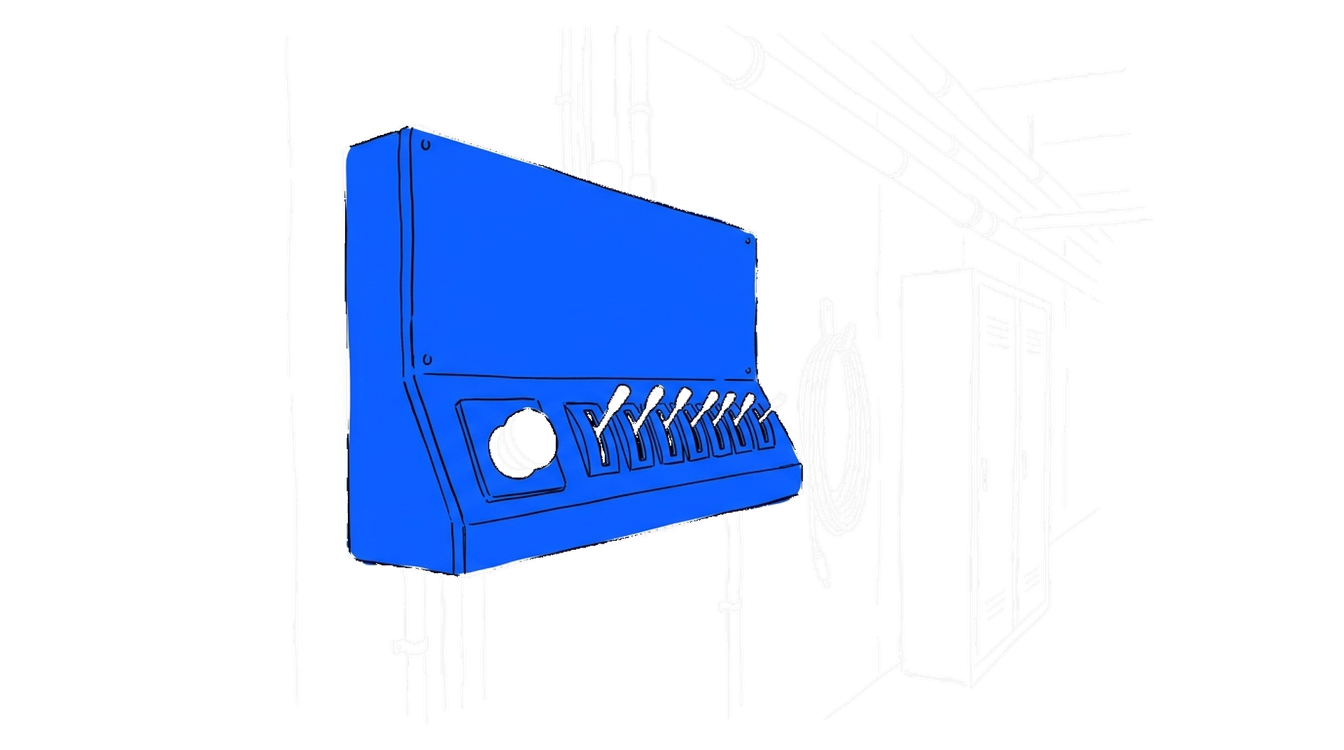 Illustration eines Schaltpanels mit Not-Aus-Taste und Kipphebeln in einem Betriebsgang, kinewsletter.ch Stil