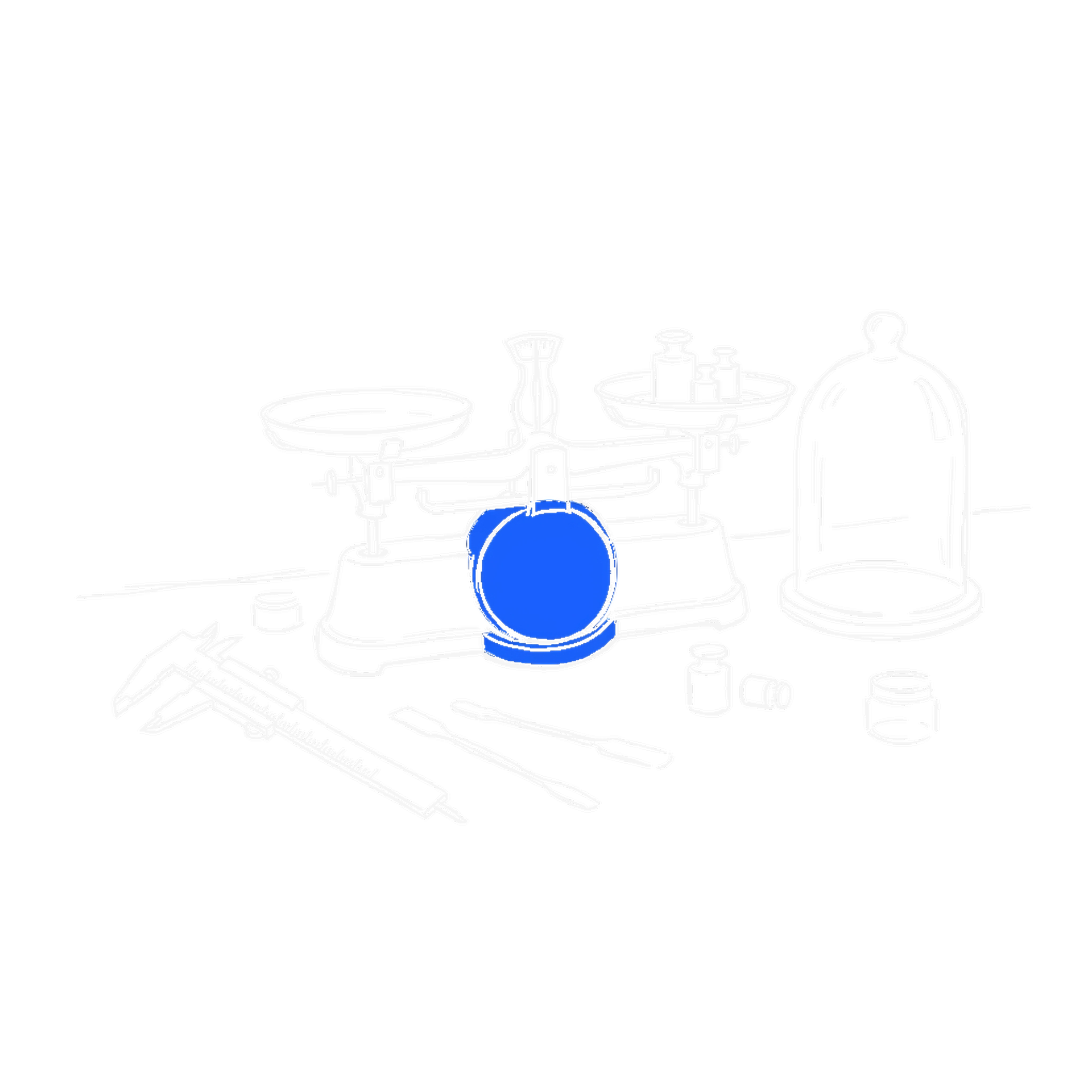 Illustration einer Präzisionswaage mit Kalibriergewichten auf einer Laborbank, kinewsletter.ch Stil