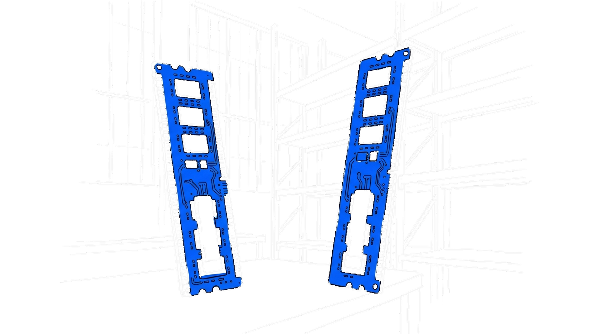 Illustration elektroblauer Speichermodule vor einem fast leergeräumten Lagerregal, kinewsletter.ch Stil