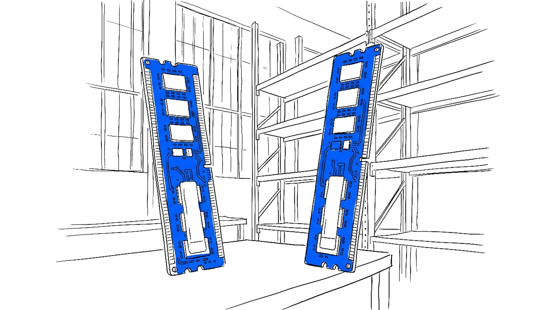 Illustration elektroblauer Speichermodule vor einem fast leergeräumten Lagerregal, kinewsletter.ch Stil