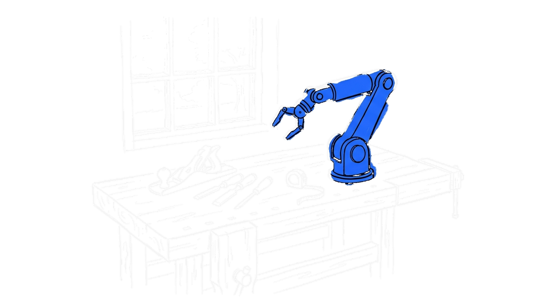 Tusche-Skizze einer Werkbank, auf der klassische Werkzeuge neben einem elektroblauen Roboterarm liegen