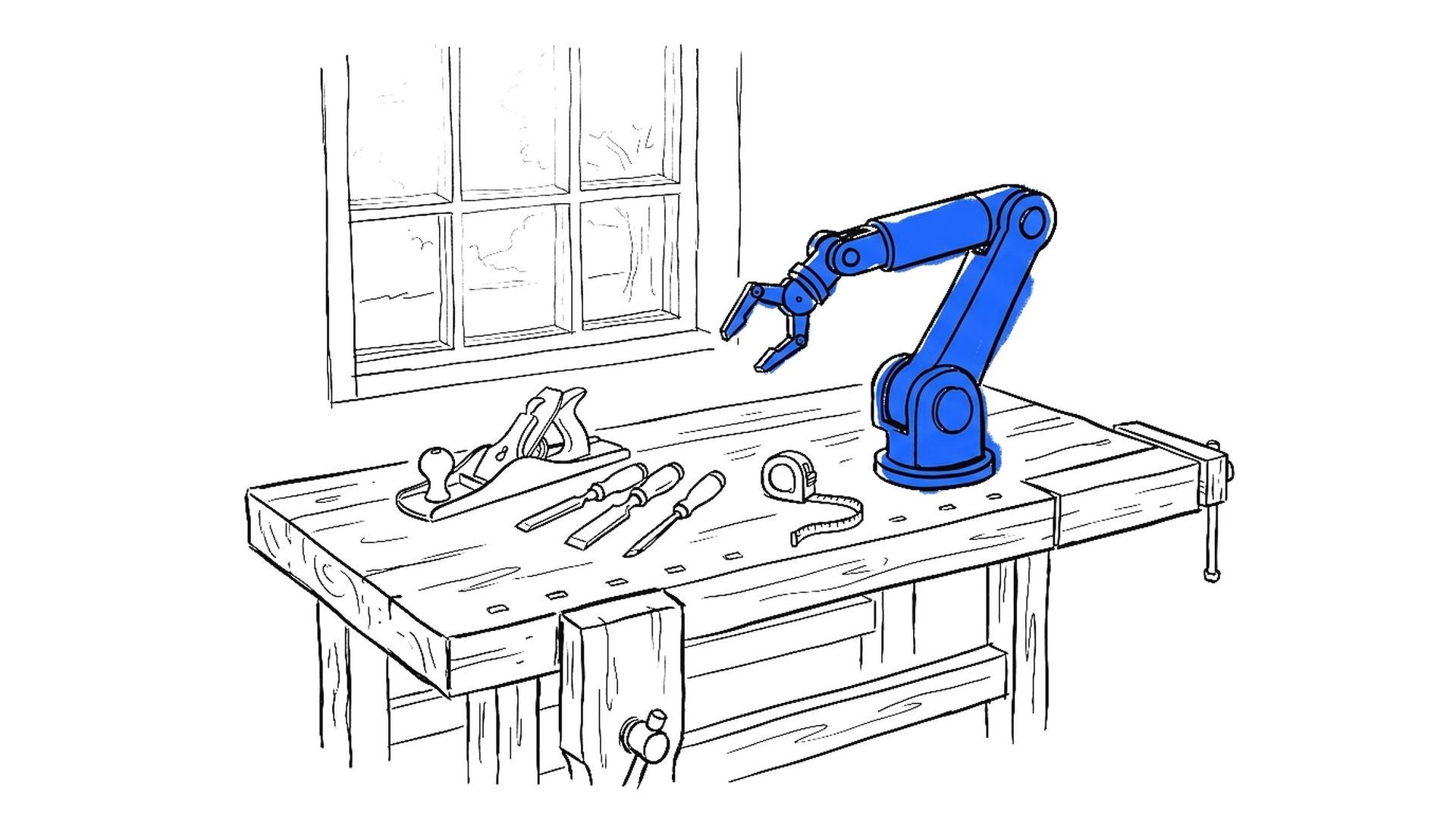 Tusche-Skizze einer Werkbank, auf der klassische Werkzeuge neben einem elektroblauen Roboterarm liegen