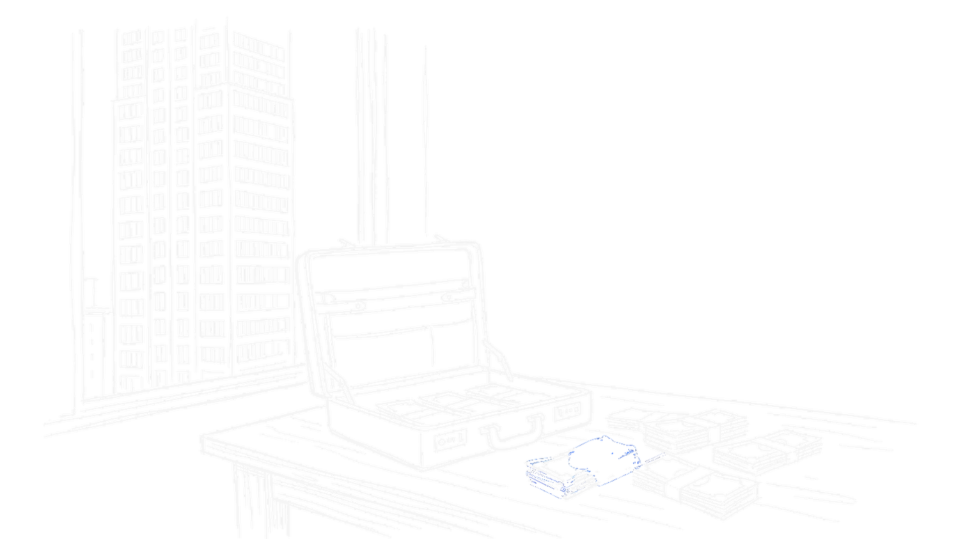 Illustration eines Aktenkoffers mit Geldscheinen vor einer Hochhausfassade, kinewsletter.ch Stil