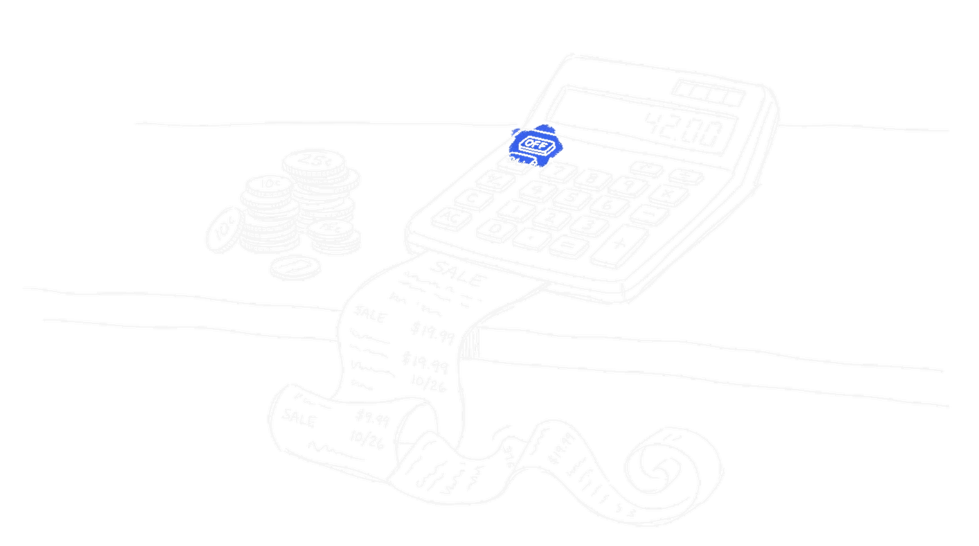 Illustration eines Taschenrechners mit langer Kassenrolle und Münzen, kinewsletter.ch Stil