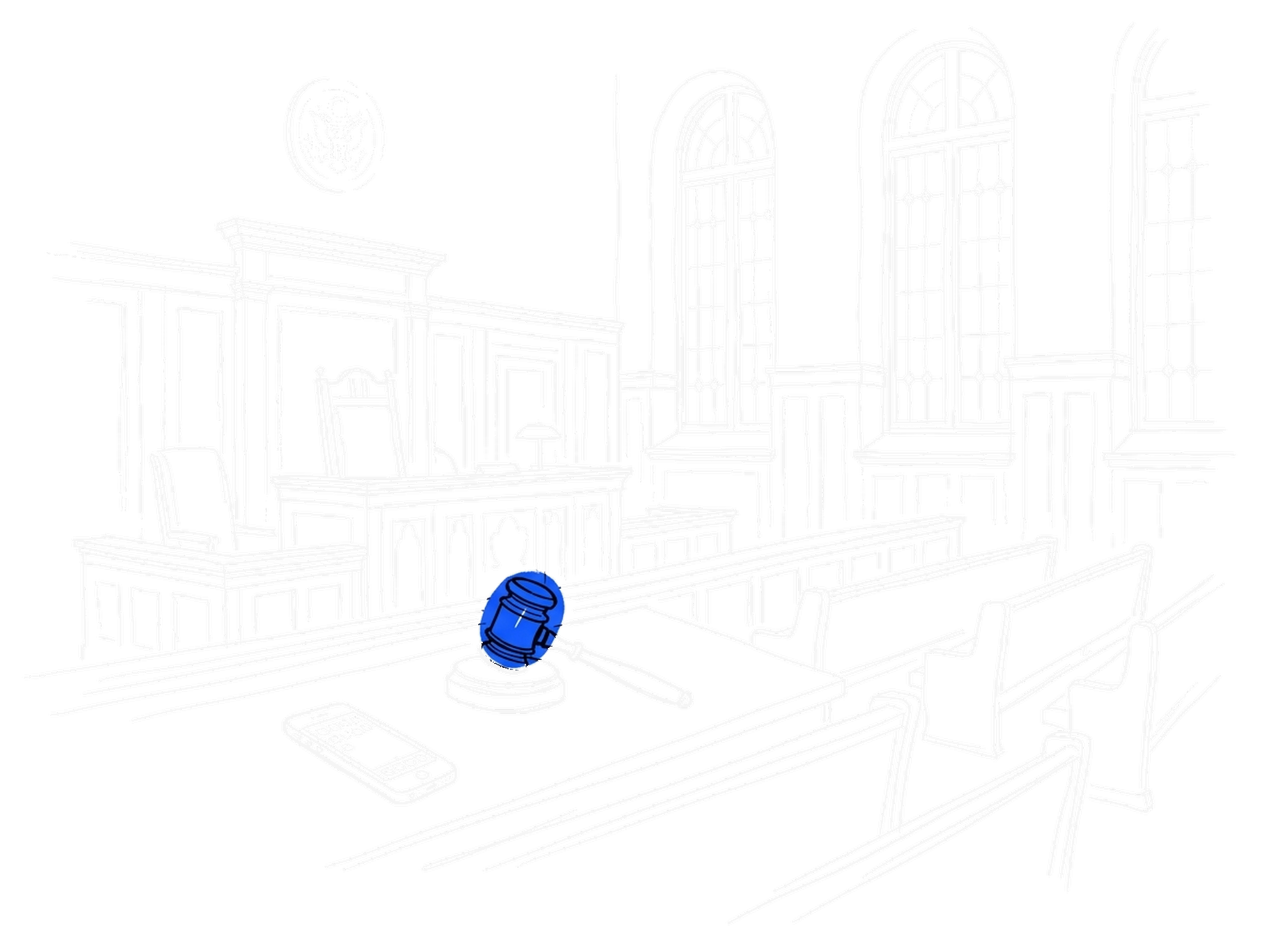 Illustration eines Gerichtssaals mit Richterhammer und Smartphone, dark, kinewsletter.ch Stil