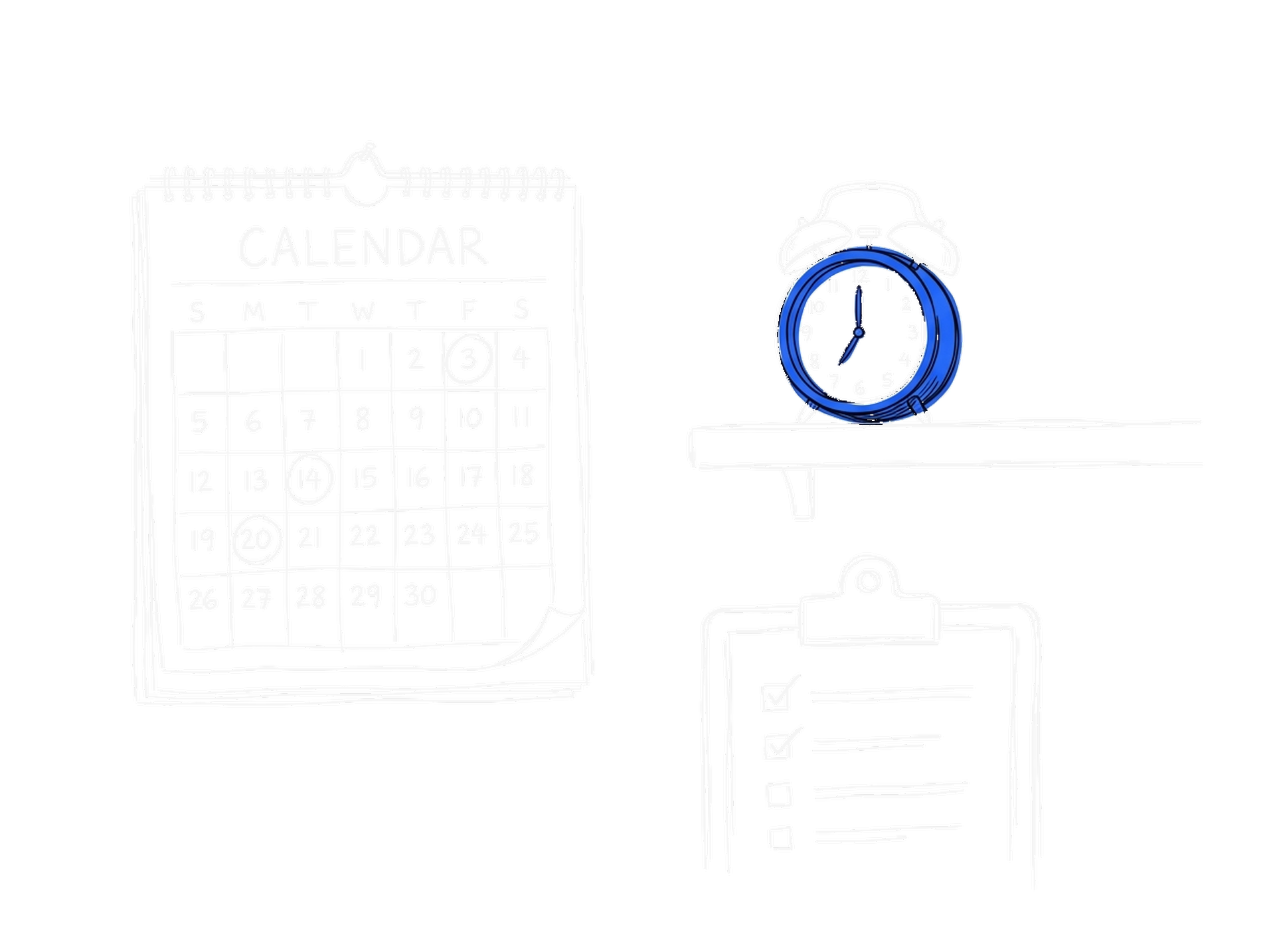 Illustration eines Wandkalenders mit Wecker und Checkliste, dark, kinewsletter.ch Stil