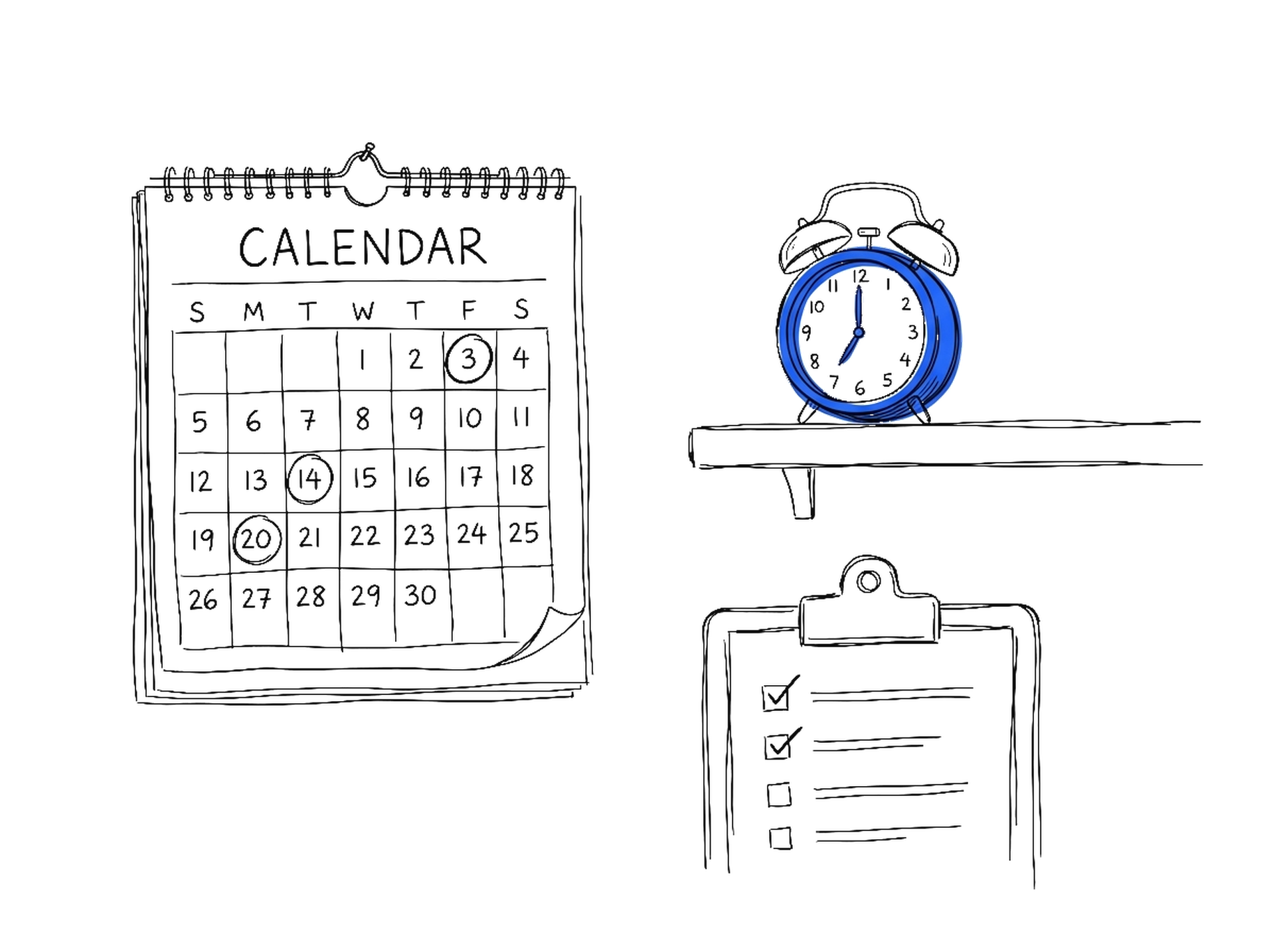Illustration eines Wandkalenders mit Wecker und Checkliste, kinewsletter.ch Stil