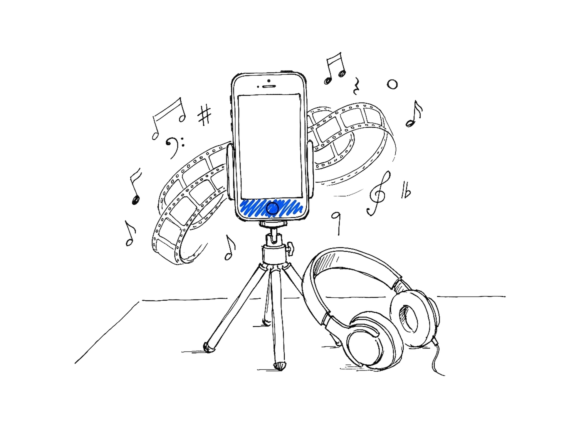 Illustration eines Smartphones auf Stativ mit Filmstreifen und Noten, kinewsletter.ch Stil