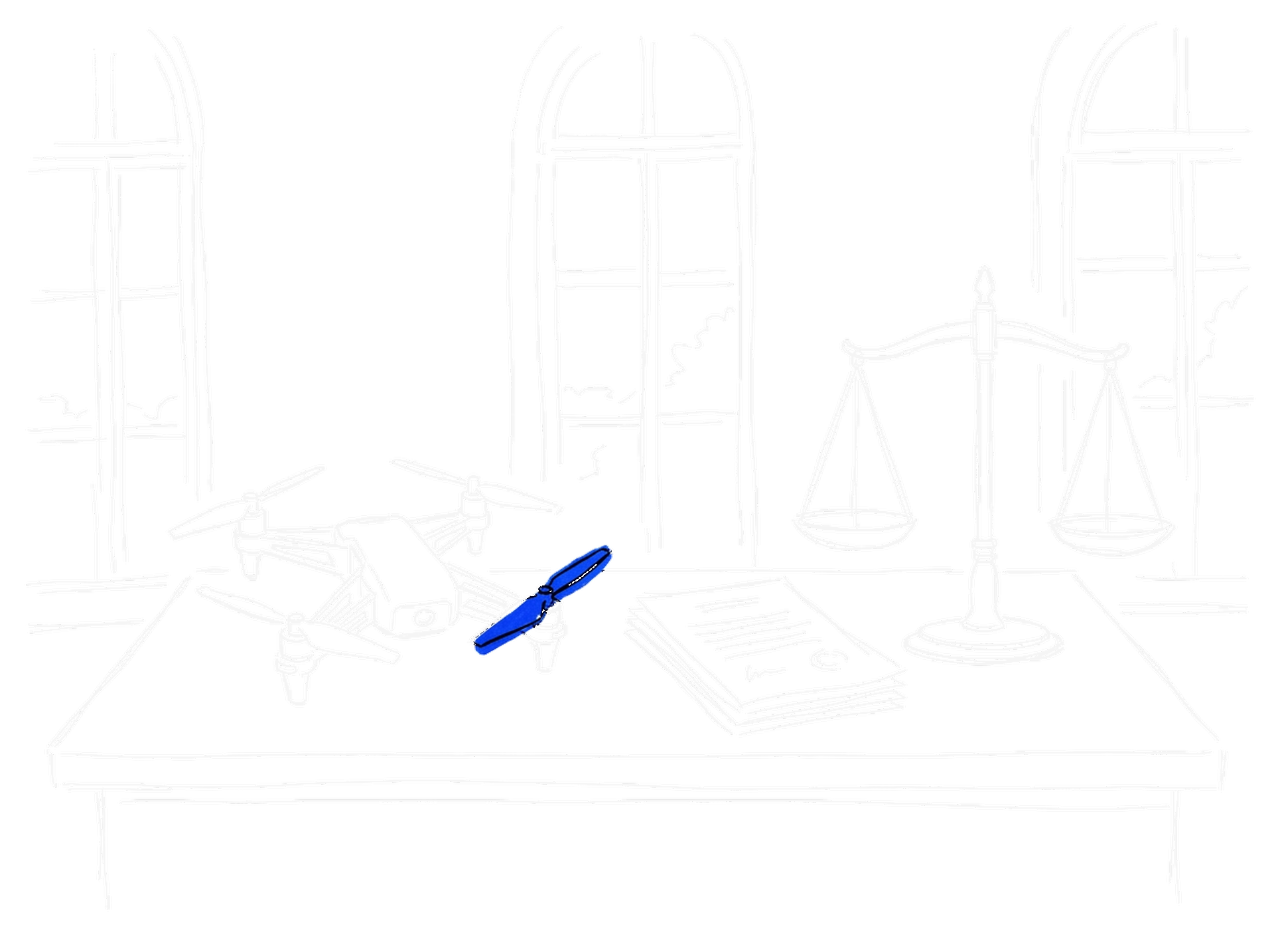 Illustration einer Drohne neben einer Waage der Gerechtigkeit, dark, kinewsletter.ch Stil