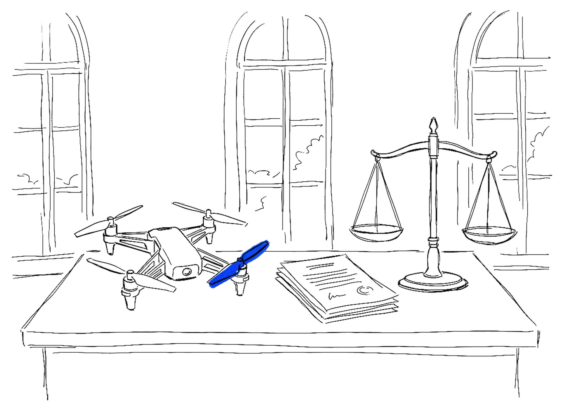 Illustration einer Drohne neben einer Waage der Gerechtigkeit, kinewsletter.ch Stil
