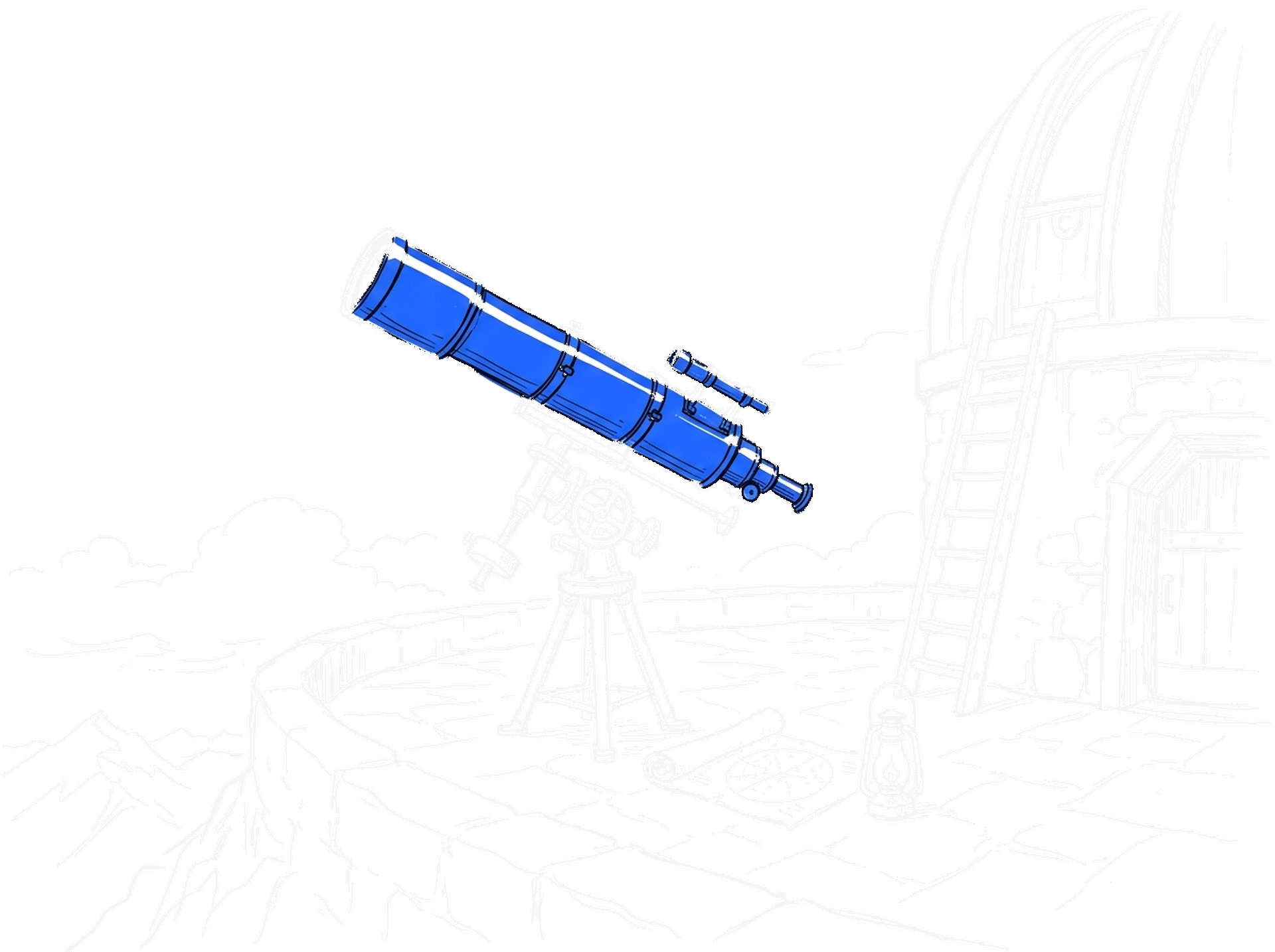 Handgezeichnete Skizze einer Bergsternwarte mit grossem Messingteleskop, Sternkarte und Laterne; das Teleskop leuchtet in Blau