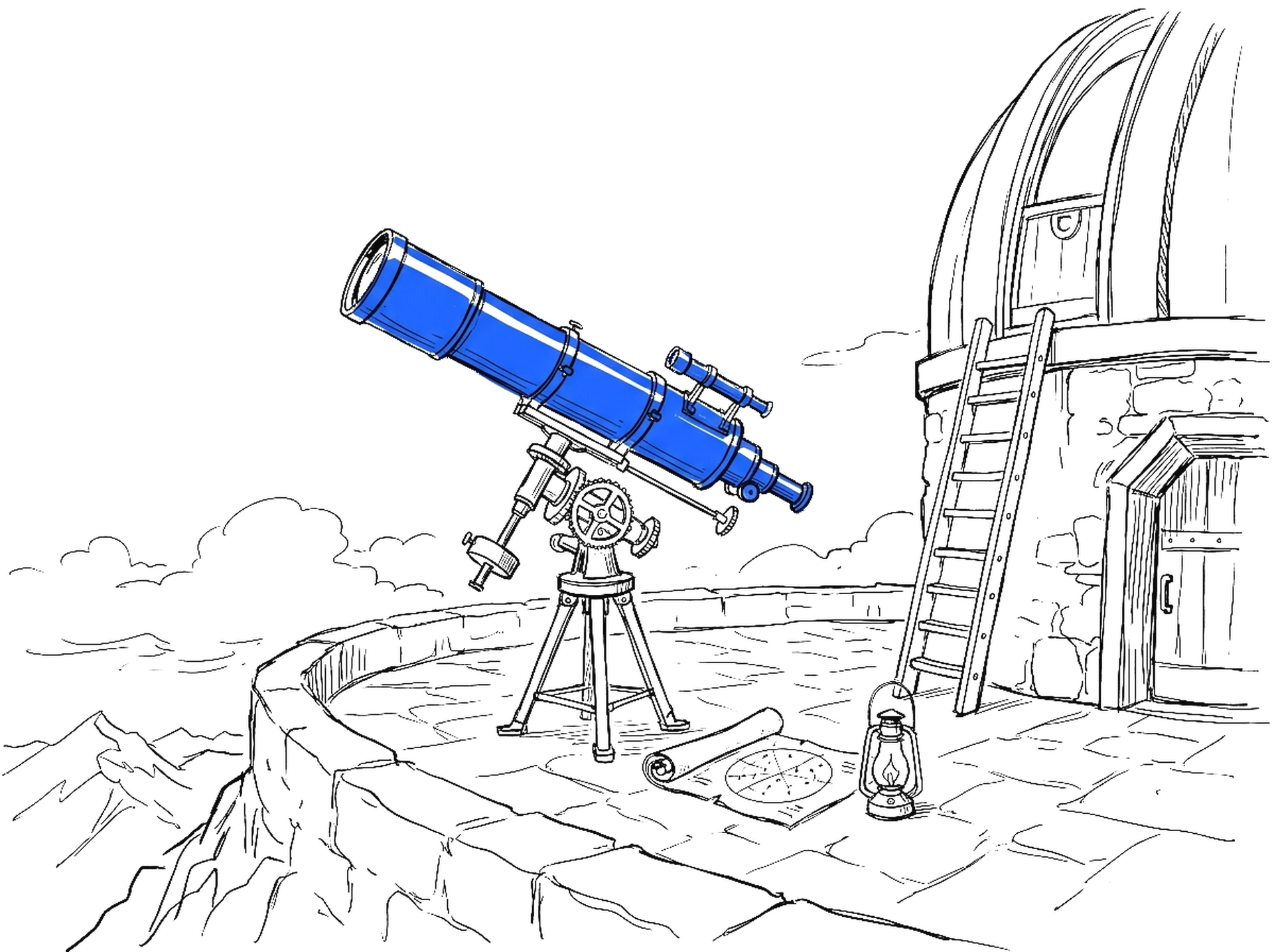 Handgezeichnete Skizze einer Bergsternwarte mit grossem Messingteleskop, Sternkarte und Laterne; das Teleskop leuchtet in Blau