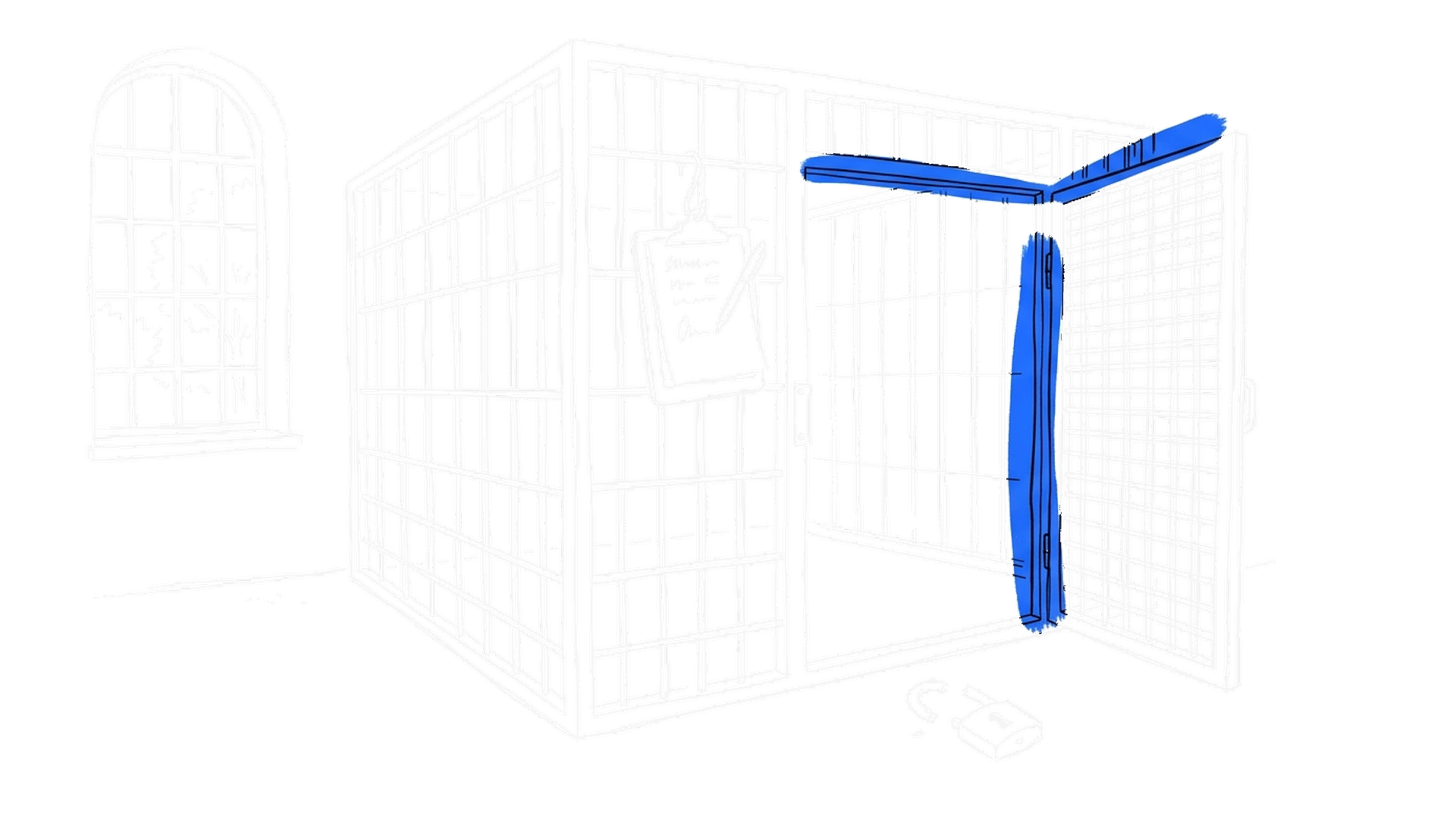Illustration eines geöffneten Laborkäfigs mit aufgebrochenem Vorhängeschloss und Klemmbrett, kinewsletter.ch Stil