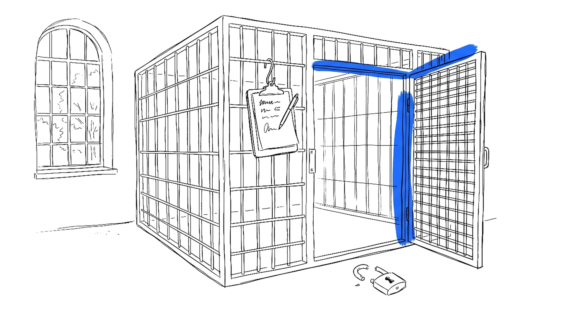 Illustration eines geöffneten Laborkäfigs mit aufgebrochenem Vorhängeschloss und Klemmbrett, kinewsletter.ch Stil