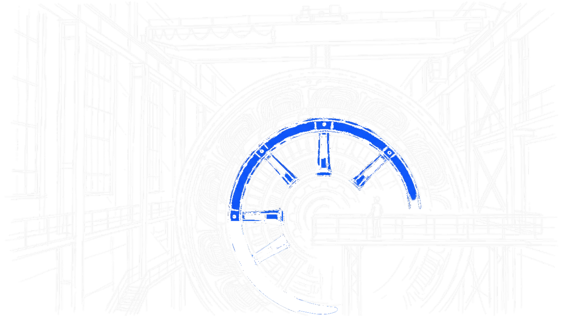Illustration einer riesigen kreisförmigen Maschine in einer Werkhalle, mit einer winzigen Person auf dem Laufsteg als Grössenvergleich, kinewsletter.ch Stil