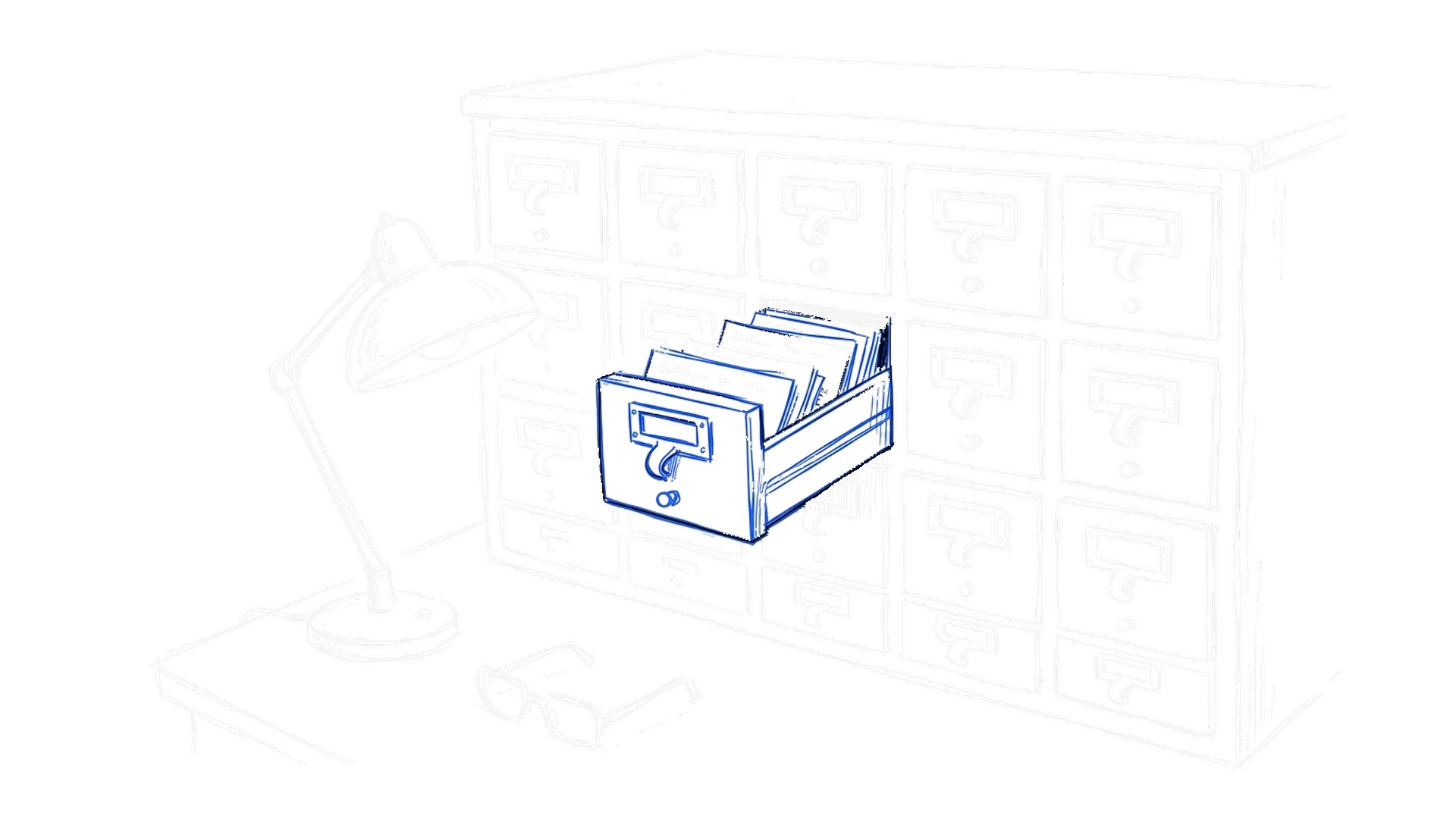 Illustration eines Karteikasten-Schranks mit offener Schublade, kinewsletter.ch Stil
