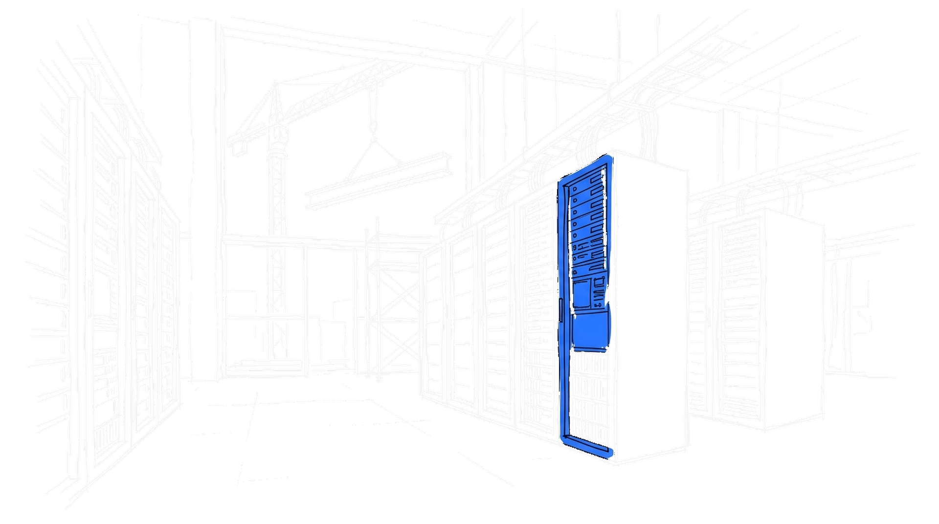 Illustration einer Rechenzentrums-Halle mit Serverschränken, kinewsletter.ch Stil