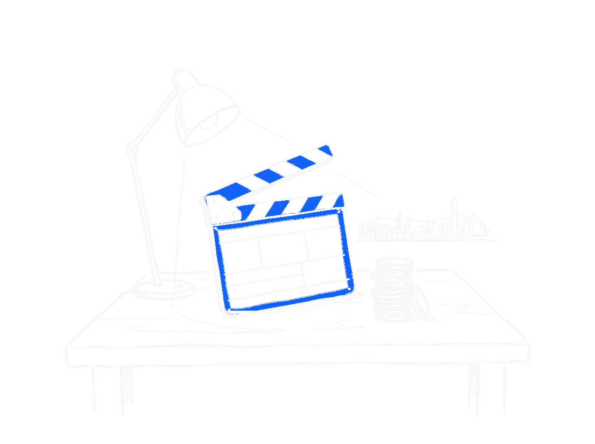 Illustration einer Filmklappe neben gestapelten Münzen mit Hongkong-Skyline im Hintergrund, kinewsletter.ch Stil