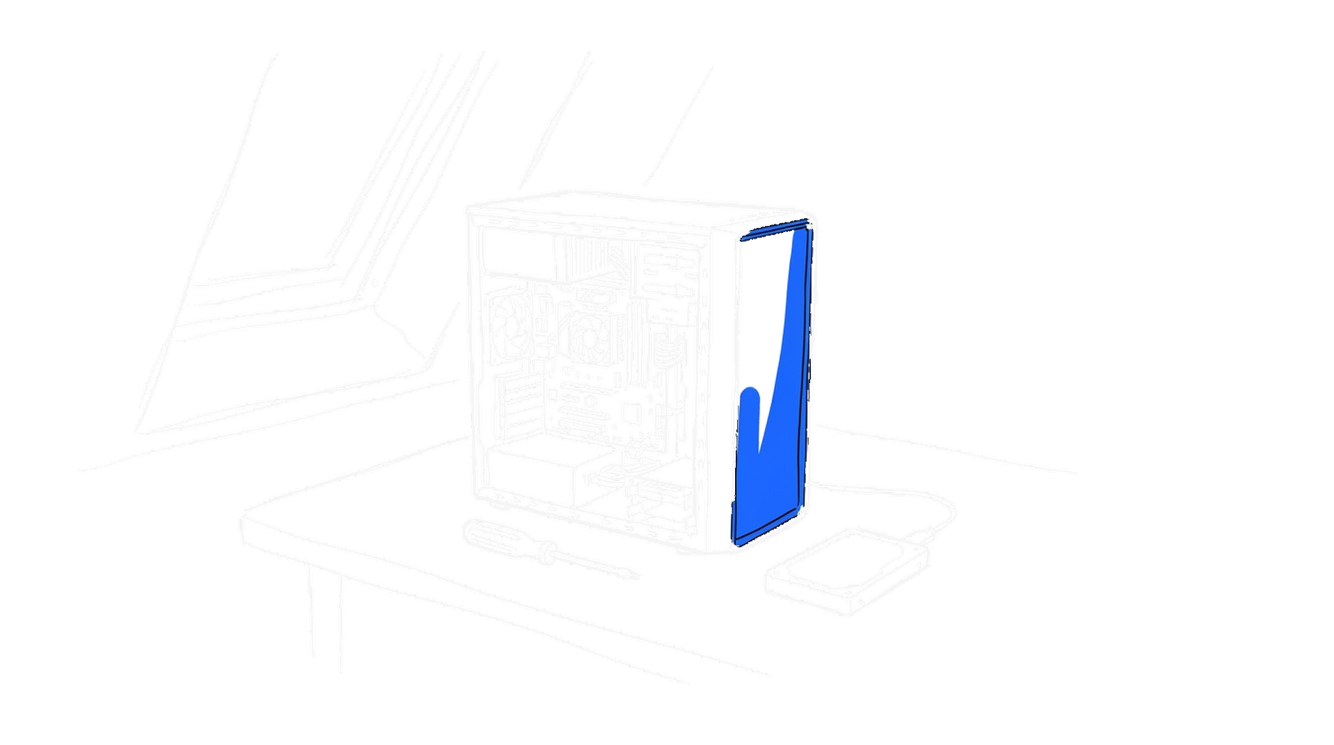 Illustration eines offenen Computer-Towers auf einem Schreibtisch mit Schraubenzieher und externer Festplatte, kinewsletter.ch Stil