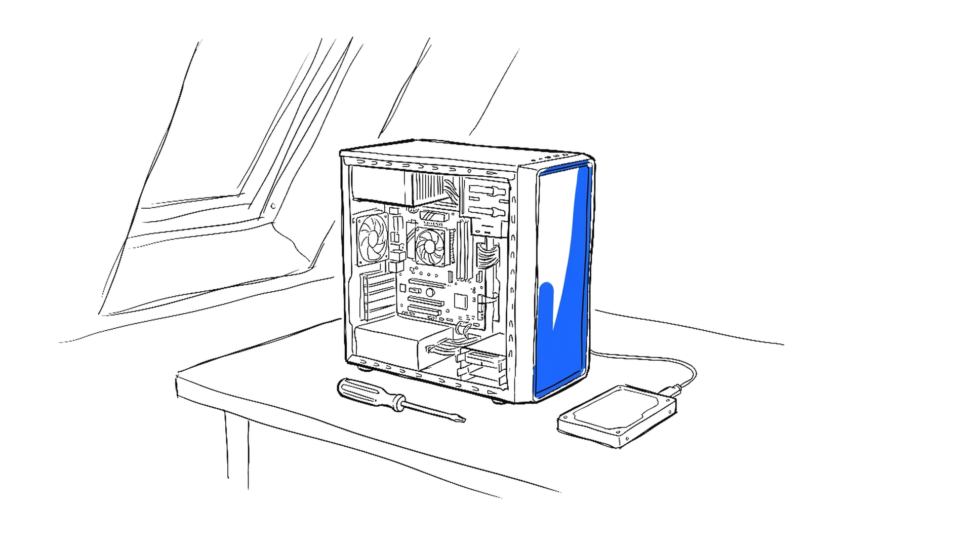 Illustration eines offenen Computer-Towers auf einem Schreibtisch mit Schraubenzieher und externer Festplatte, kinewsletter.ch Stil