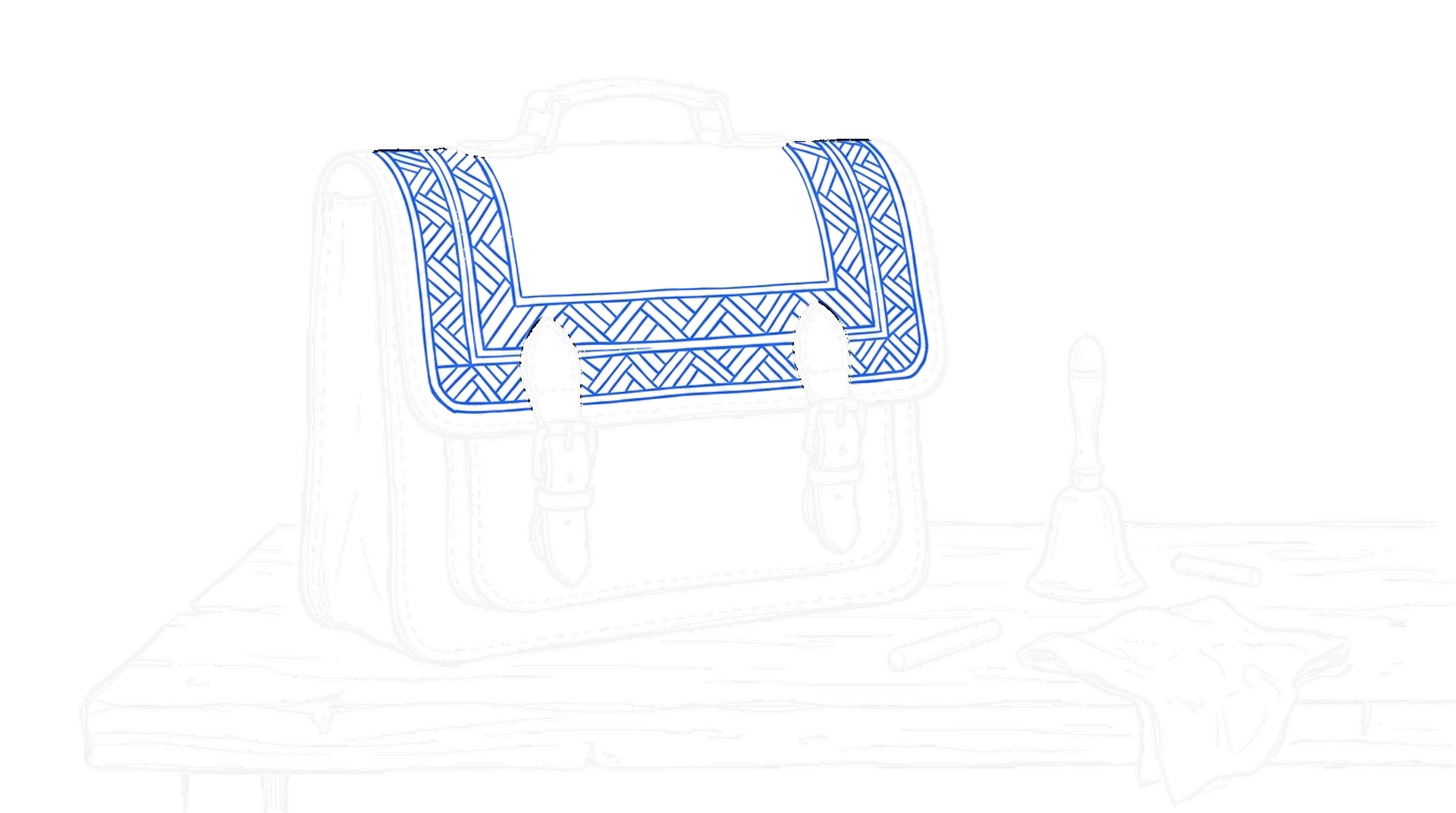 Illustration einer Schultasche auf einem Holzpult mit Handglocke und Kreide, kinewsletter.ch Stil